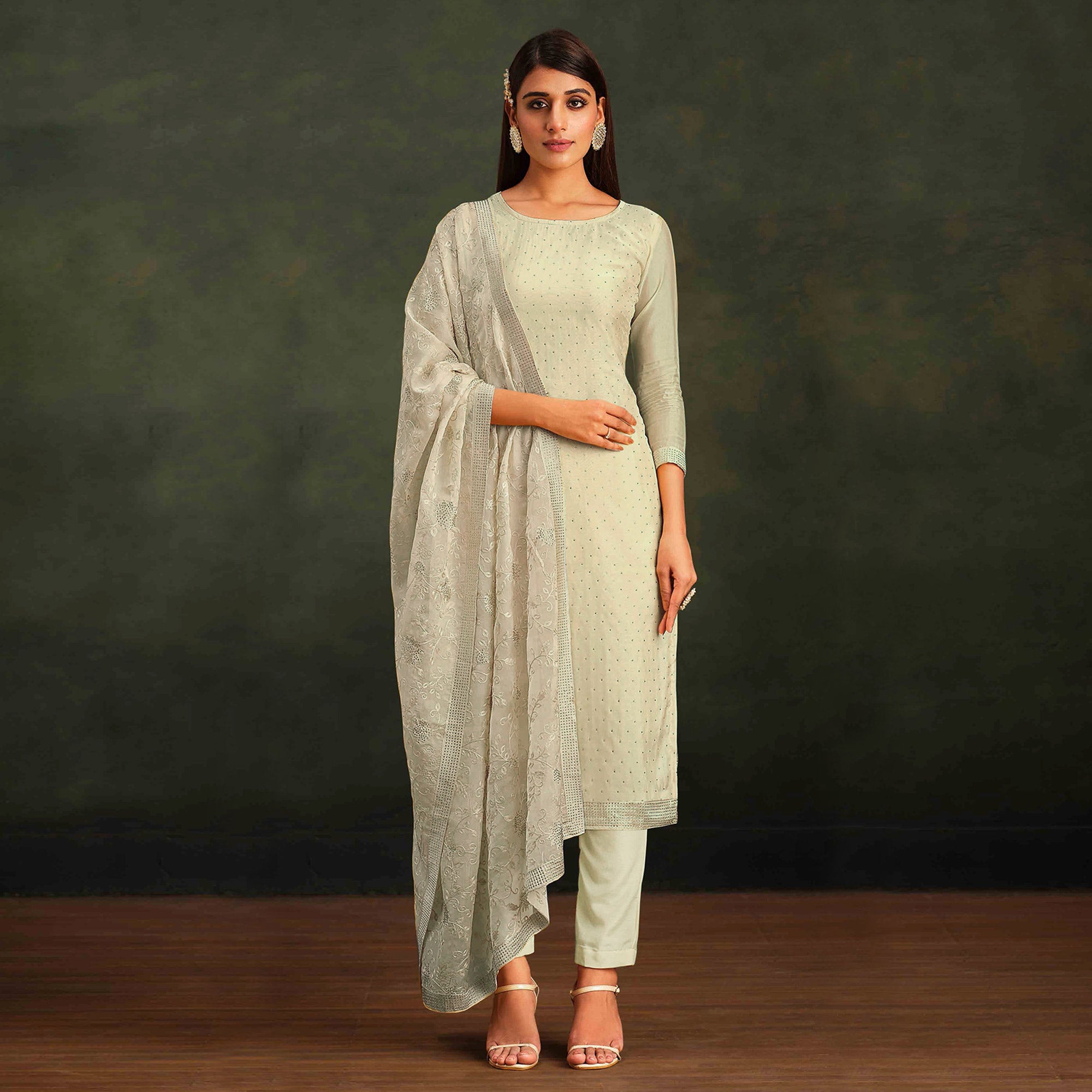 Pale Yellow Swarovski Work Organza Semi Stitched Salwar Suit