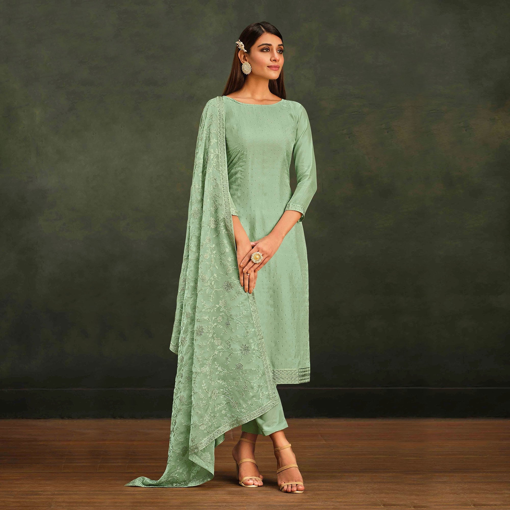 Green Swarovski Work Organza Semi Stitched Salwar Suit