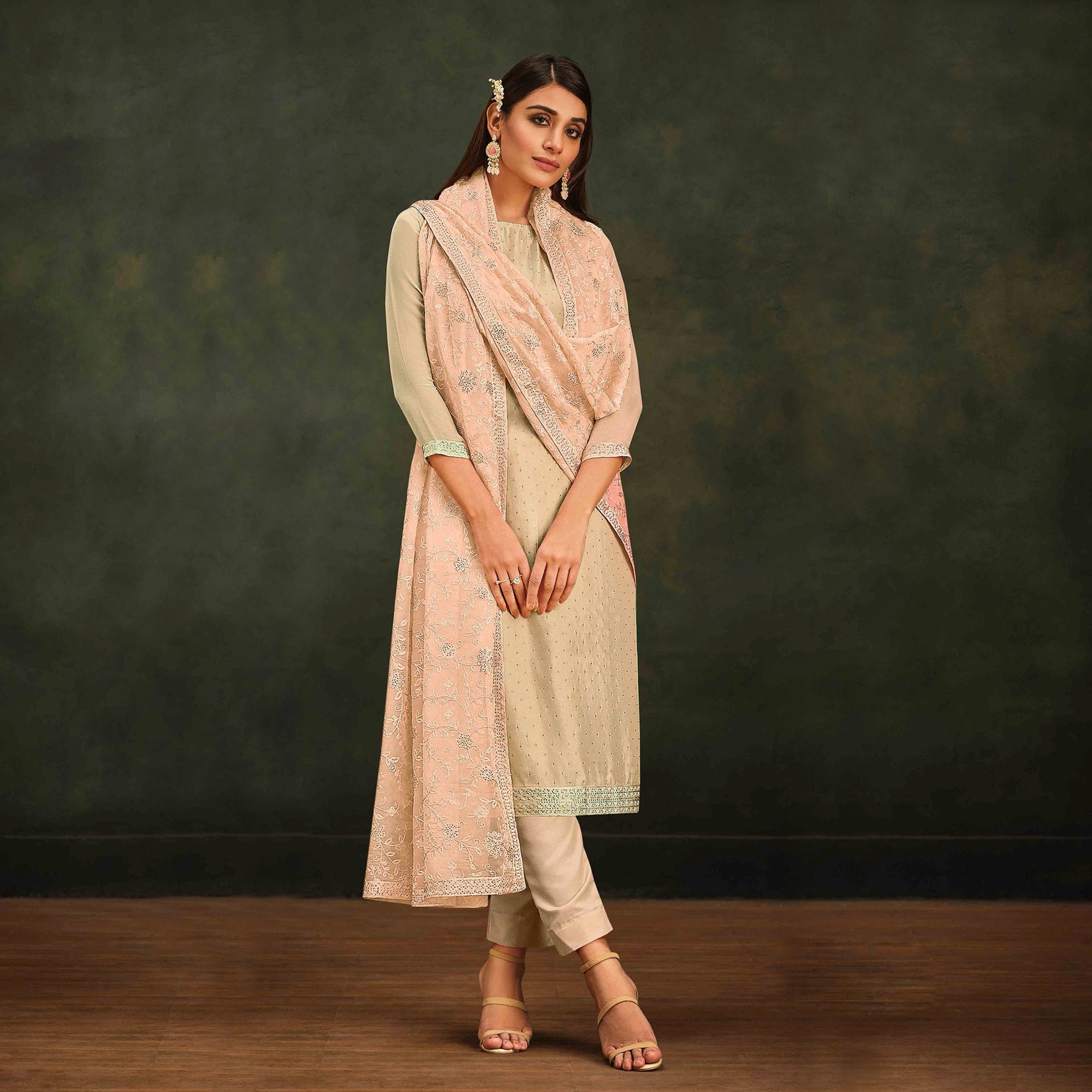 Peach Swarovski Work Organza Semi Stitched Salwar Suit