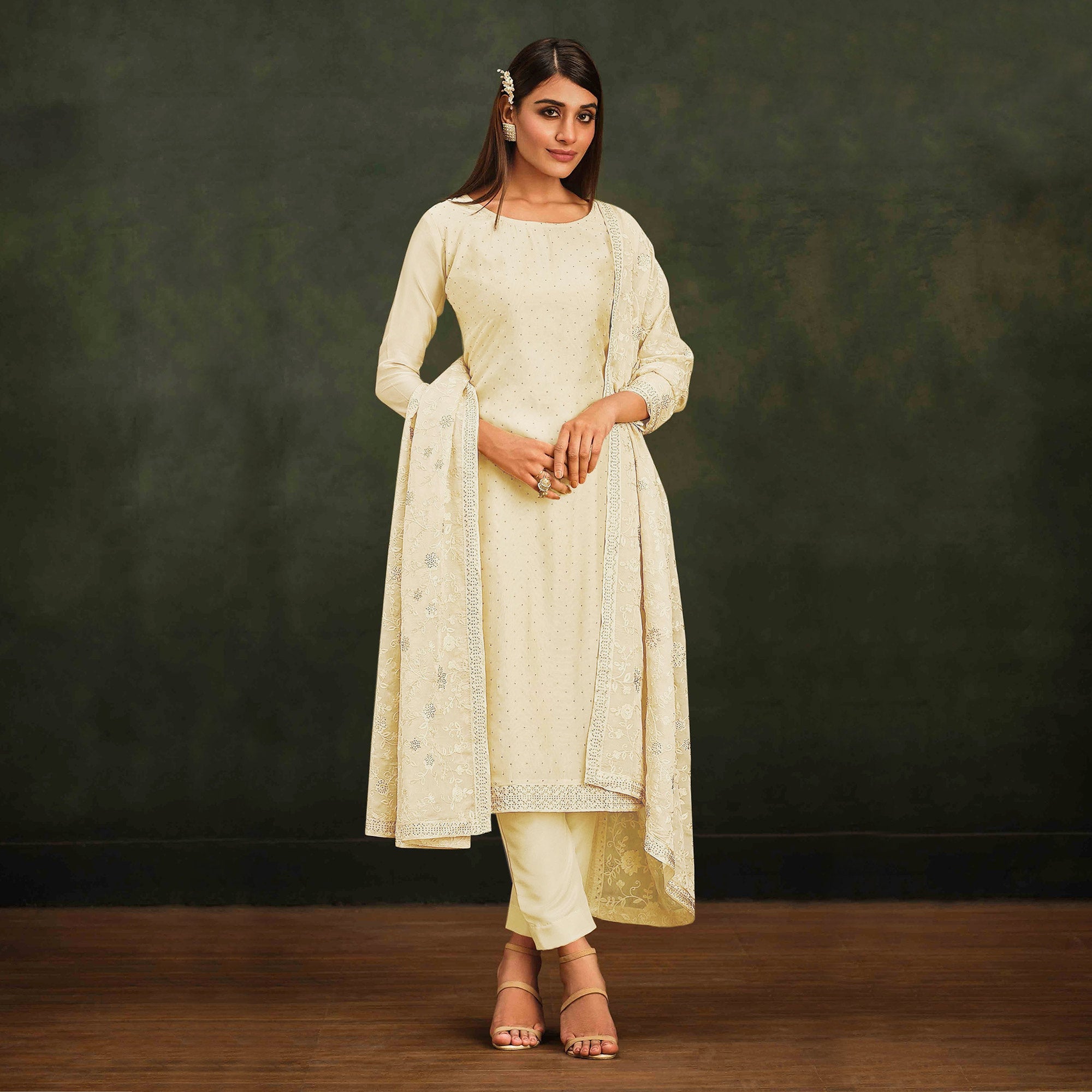 Cream Swarovski Work Organza Semi Stitched Salwar Suit
