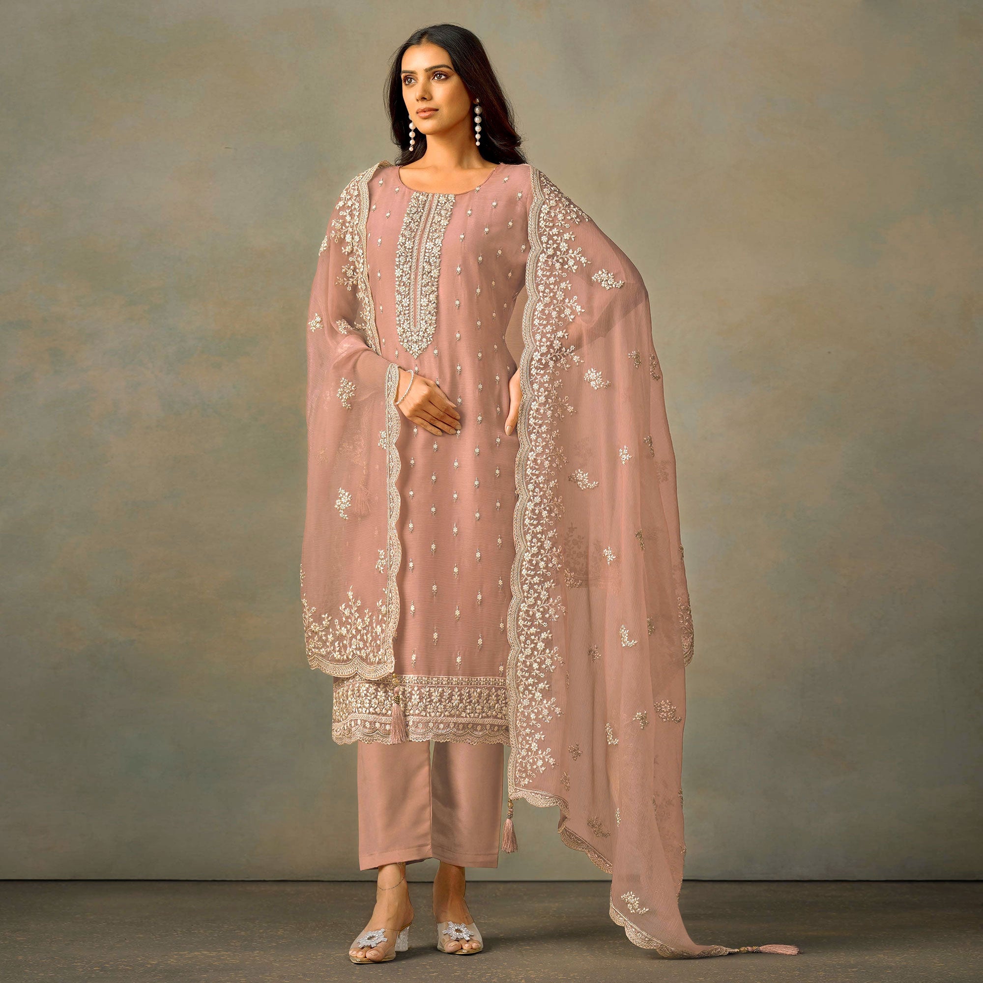 Peach Floral Sequins Embroidered Organza Semi Stitched Salwar Suit