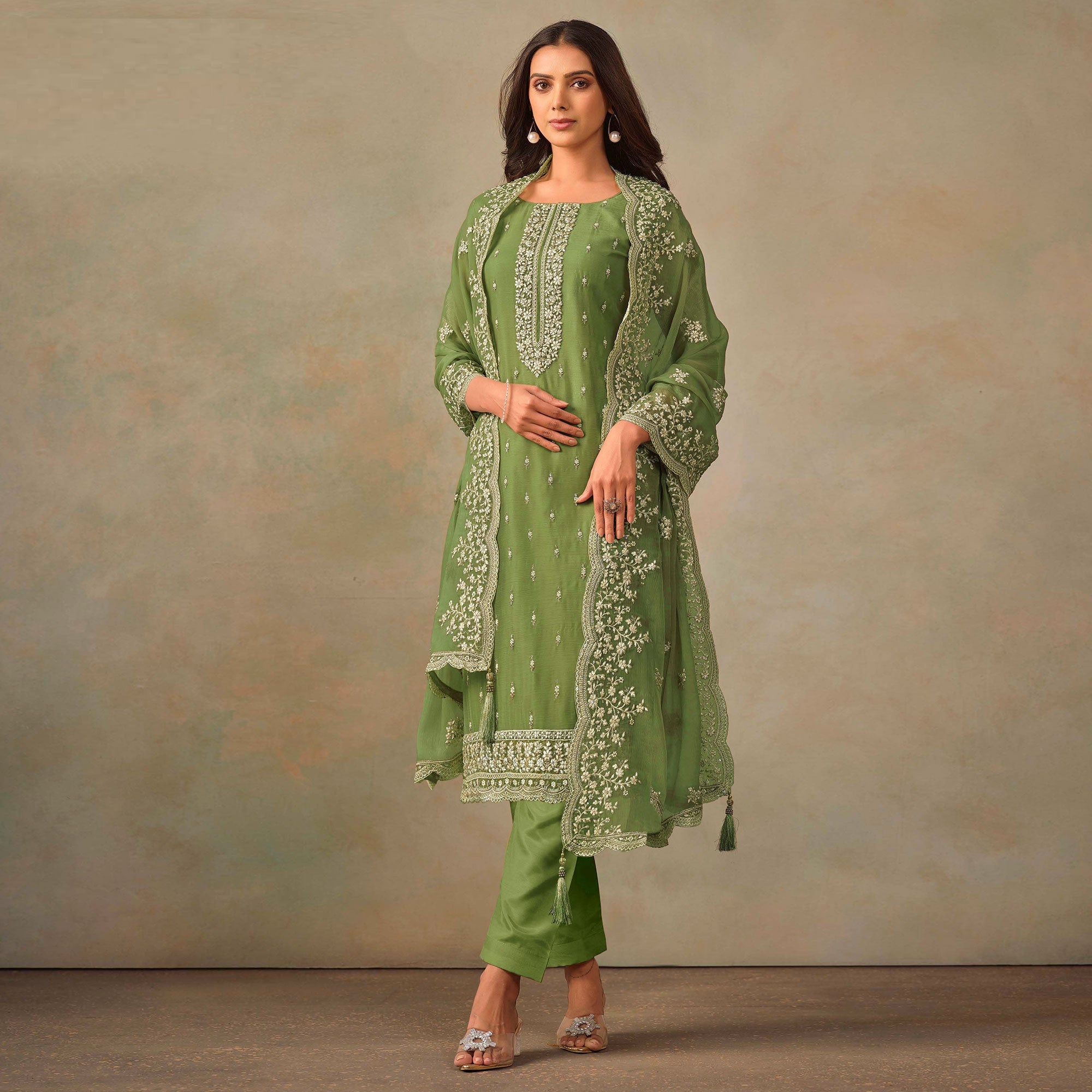 Green Floral Sequins Embroidered Organza Semi Stitched Salwar Suit