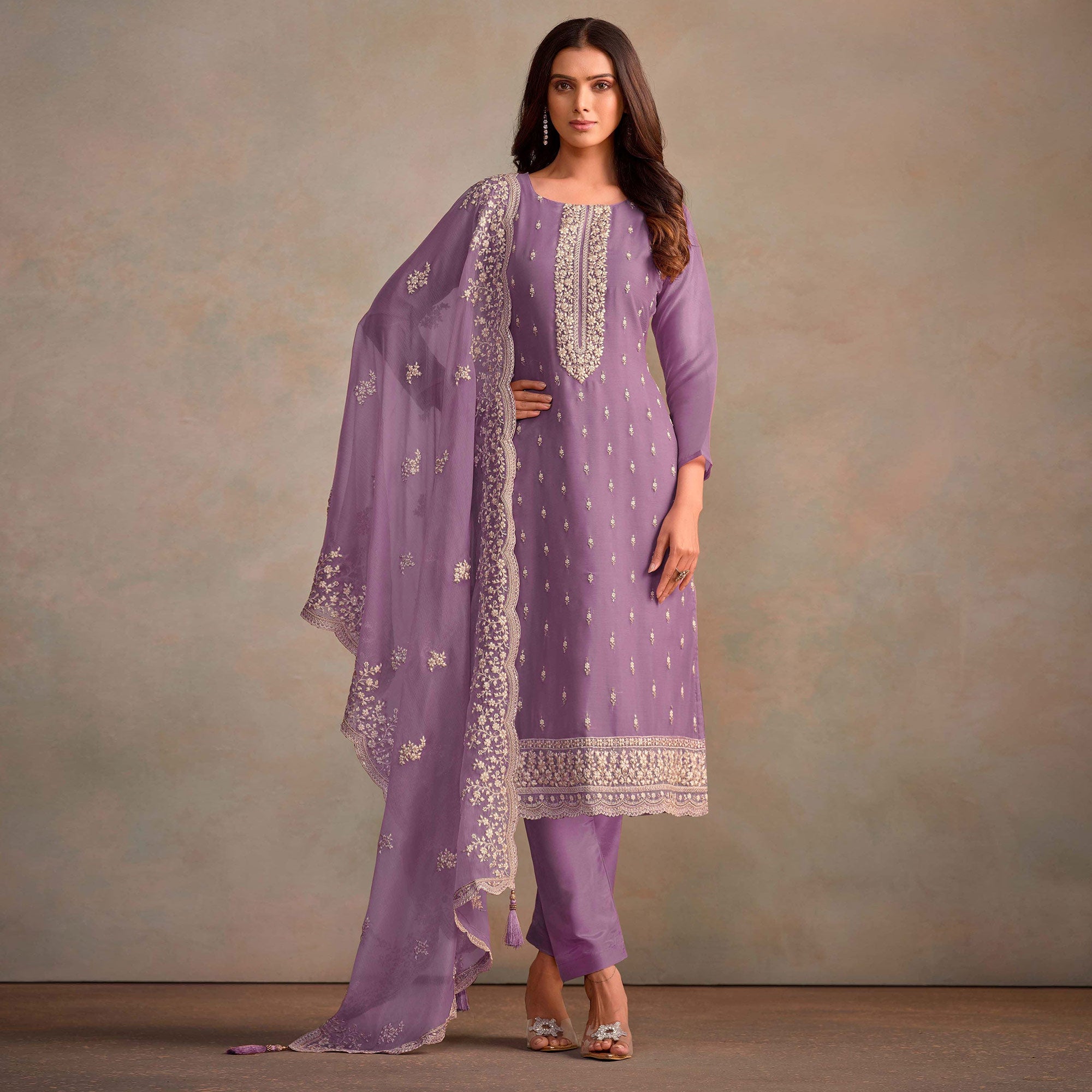 Lavender Floral Sequins Embroidered Organza Semi Stitched Salwar Suit