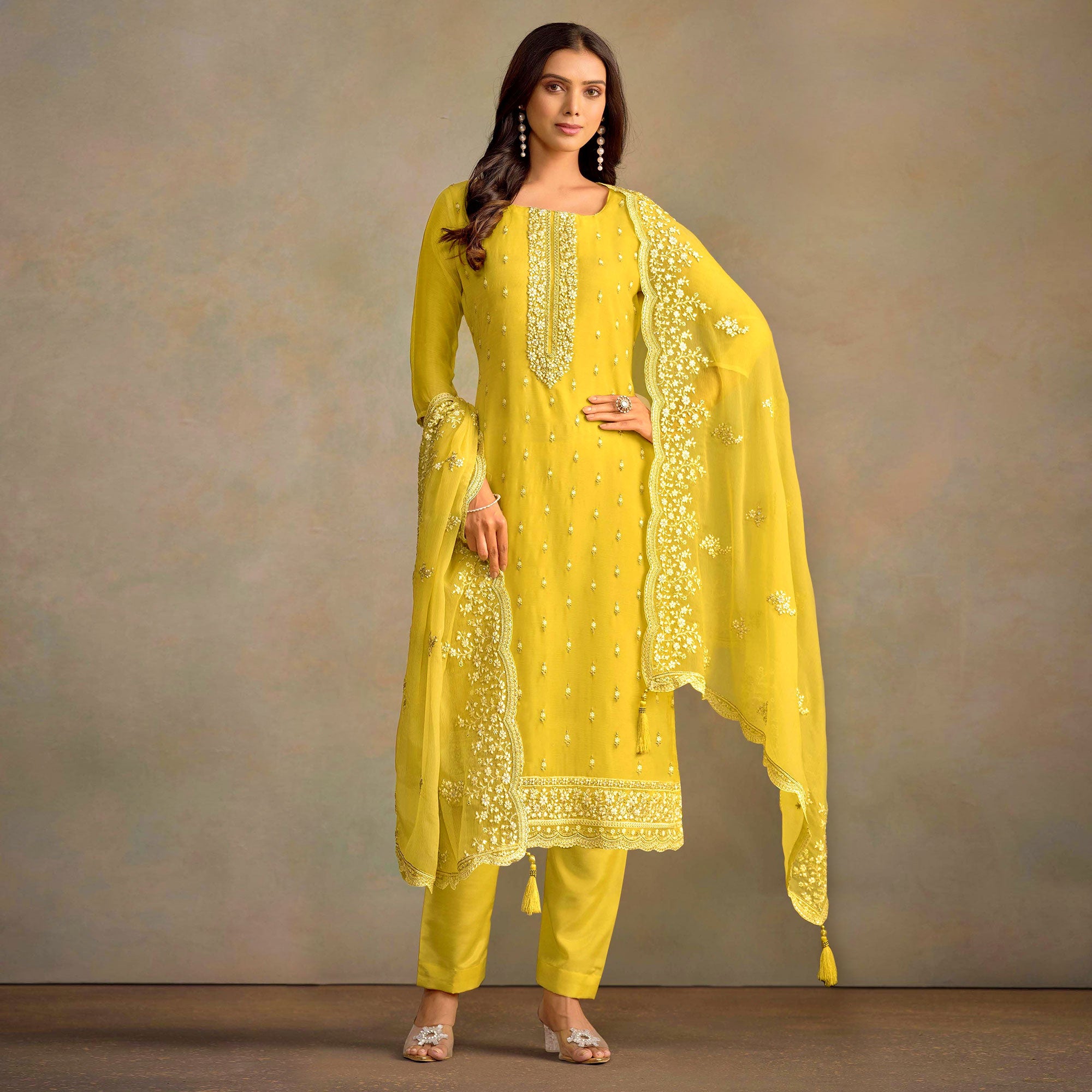 Yellow Floral Sequins Embroidered Organza Semi Stitched Salwar Suit