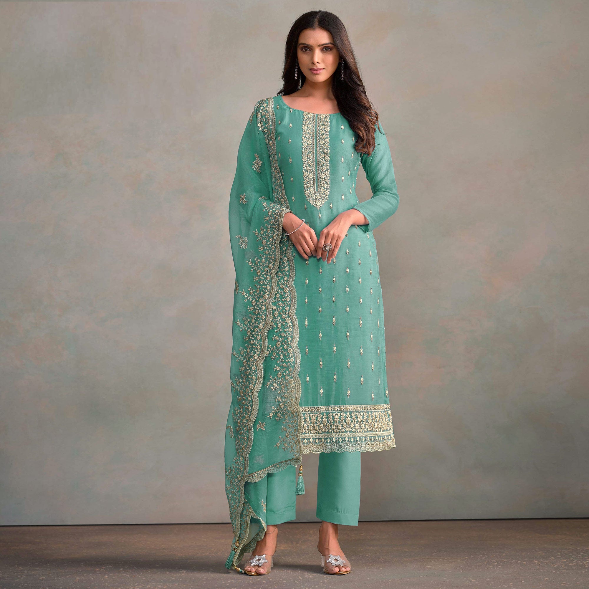 Turquoise Floral Sequins Embroidered Organza Semi Stitched Salwar Suit