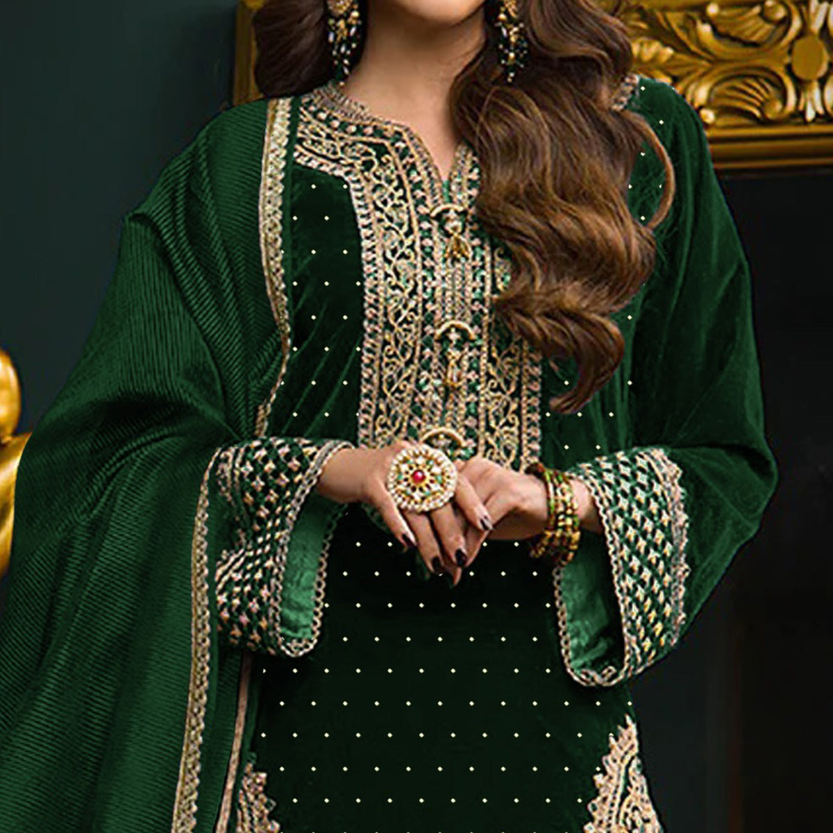 Green Embroidered Velvet Semi Stitched Salwar Suit
