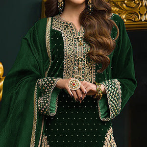 Green Embroidered Velvet Semi Stitched Salwar Suit