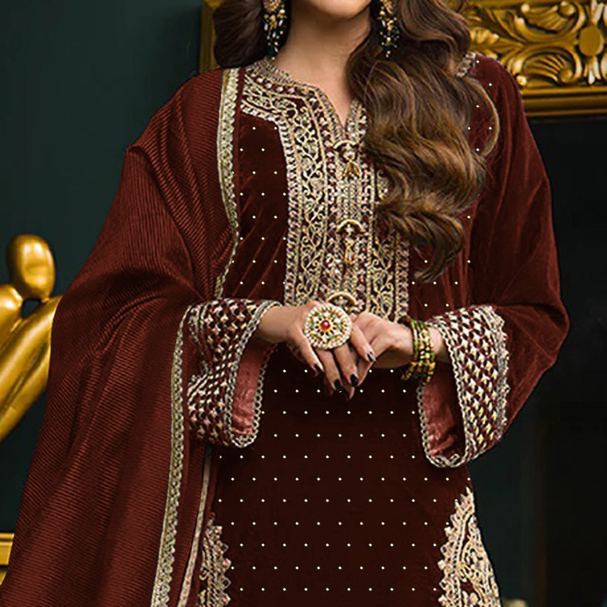 Brown Embroidered Velvet Semi Stitched Salwar Suit