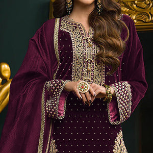 Wine Embroidered Velvet Semi Stitched Salwar Suit