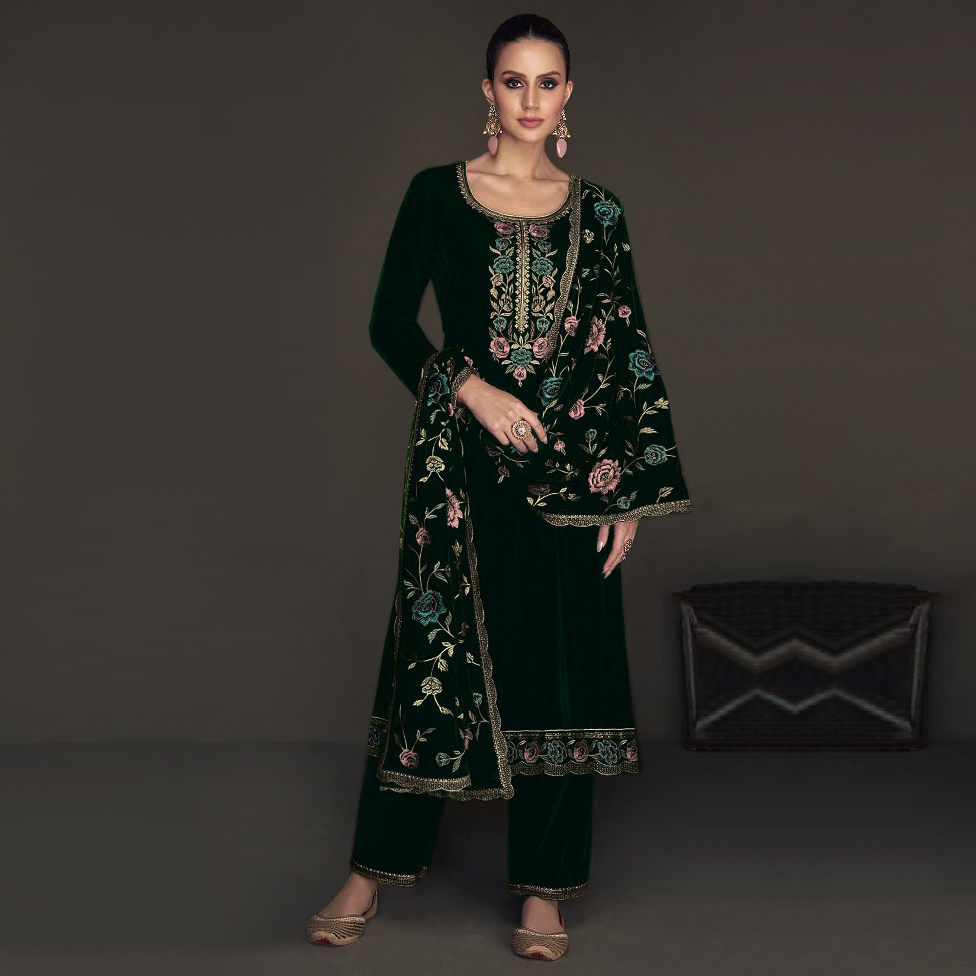 Green Floral Embroidered Velvet Semi Stitched Suit