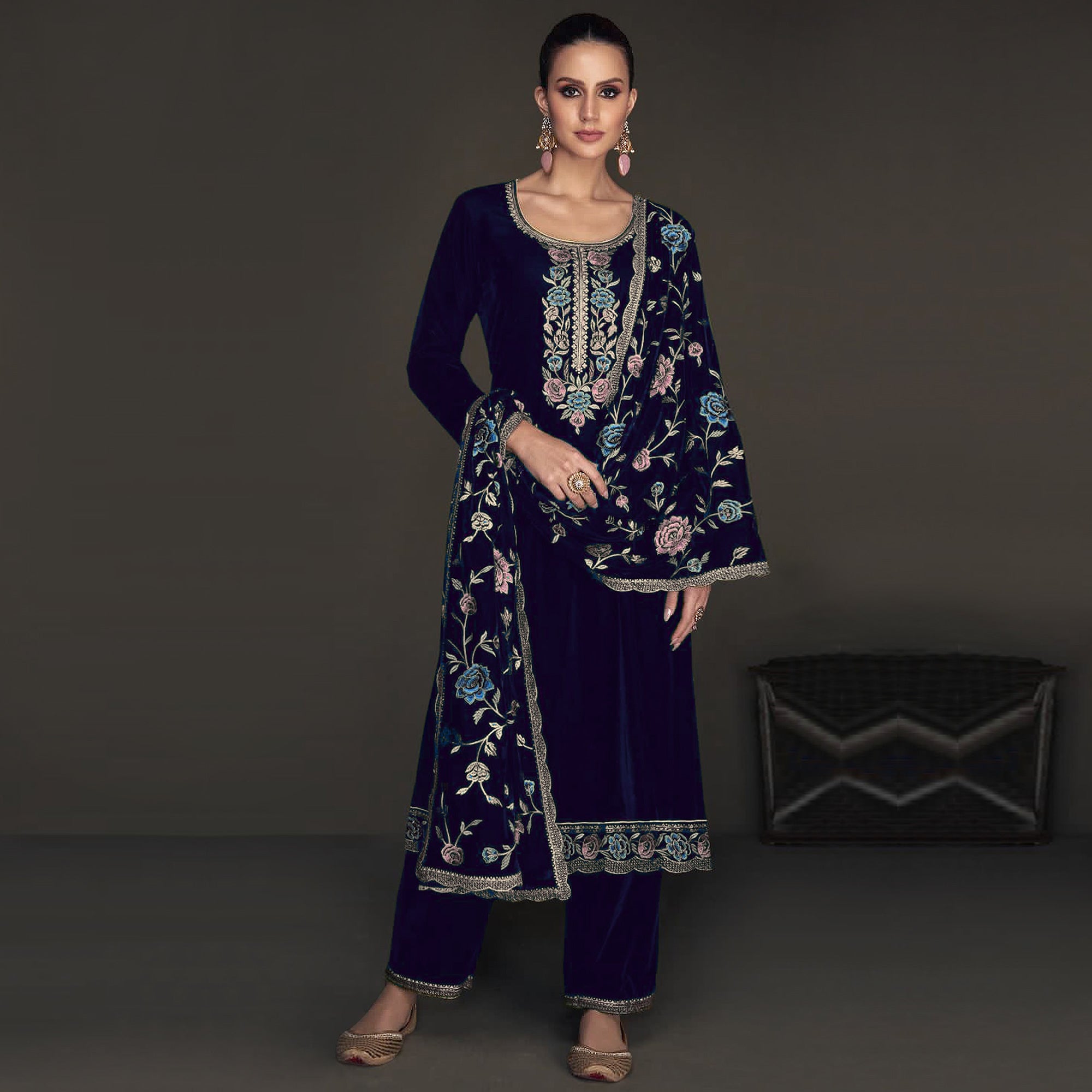 Blue Floral Embroidered Velvet Semi Stitched Suit
