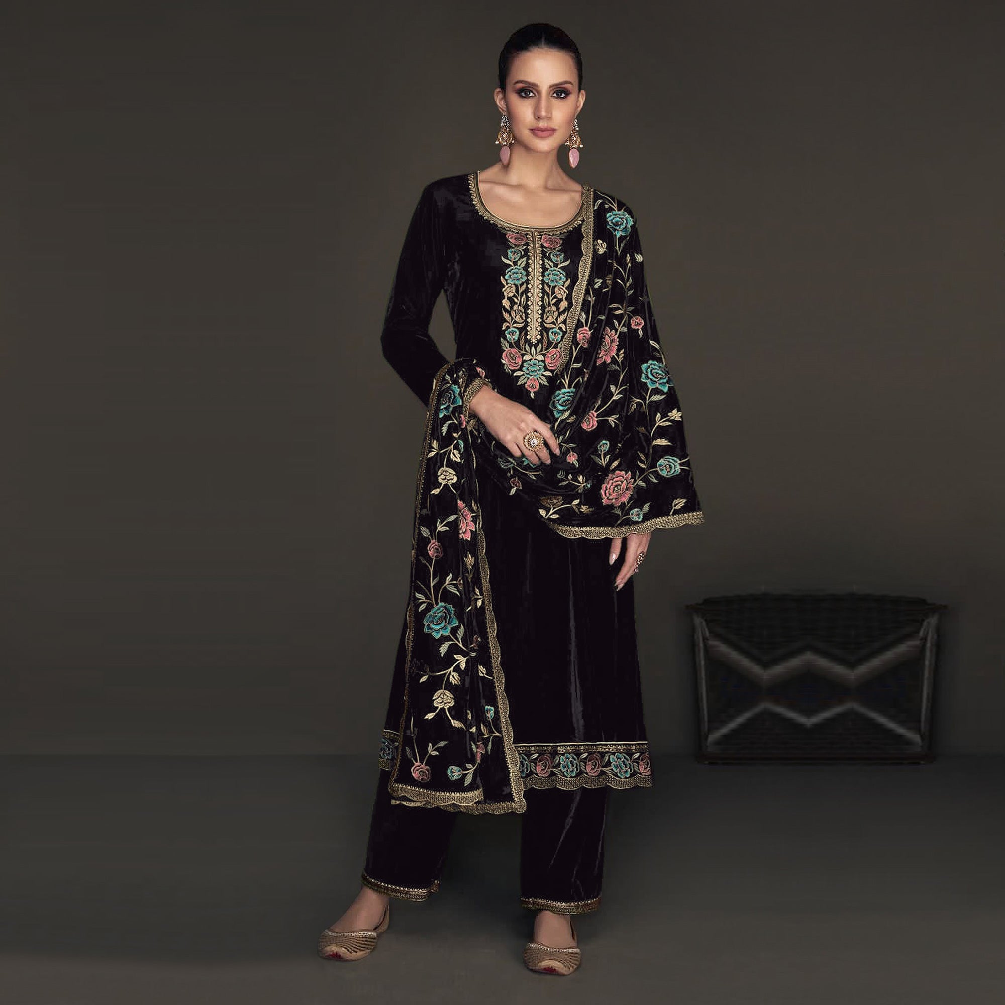 Black Floral Embroidered Velvet Semi Stitched Suit