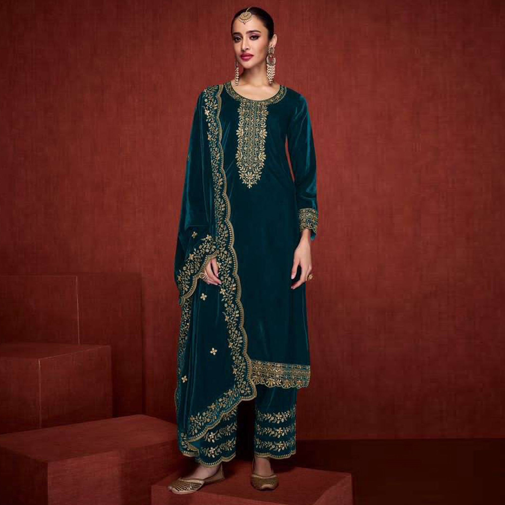 Morpich Floral Embroidered Velvet Semi Stitched Suit