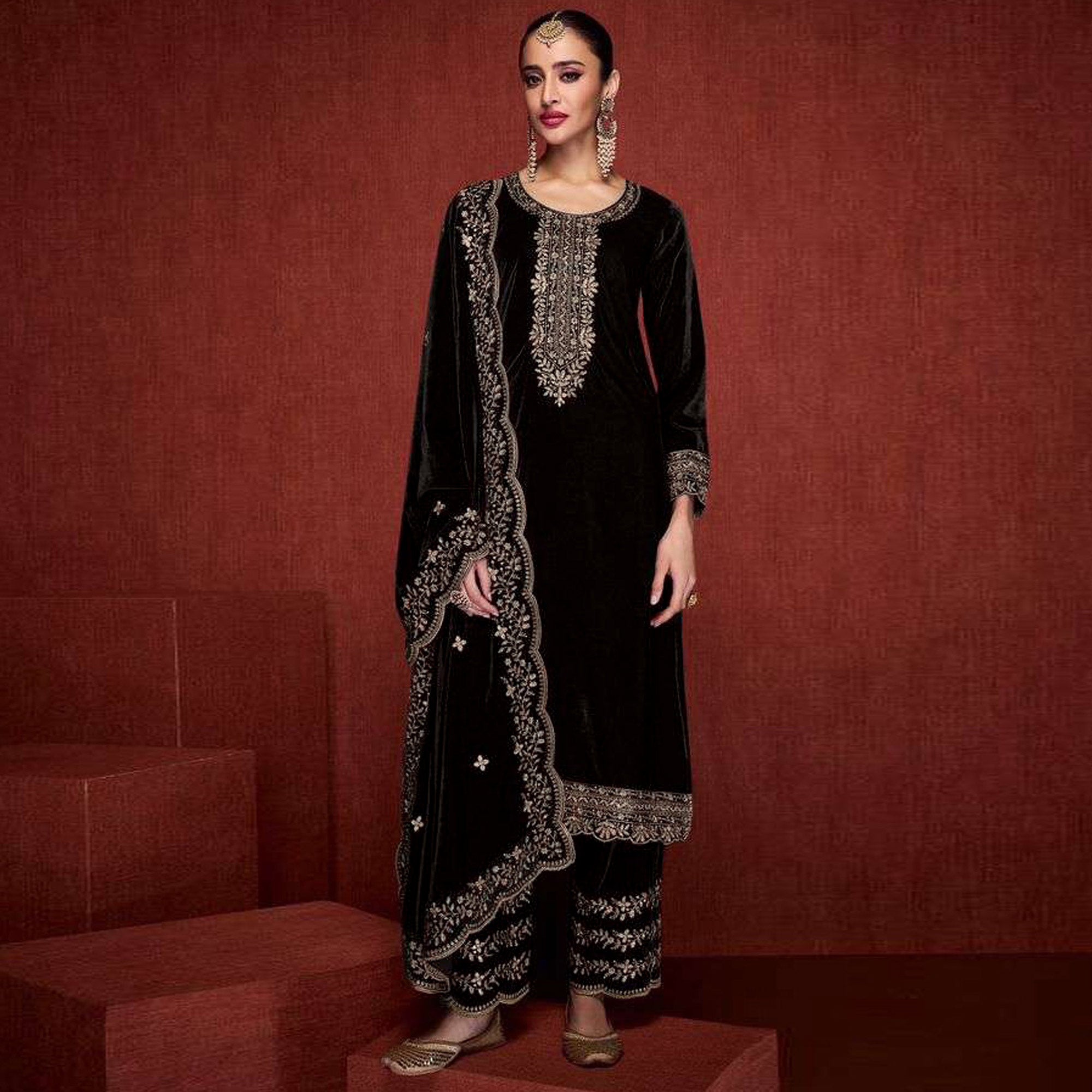 Black Floral Embroidered Velvet Semi Stitched Suit