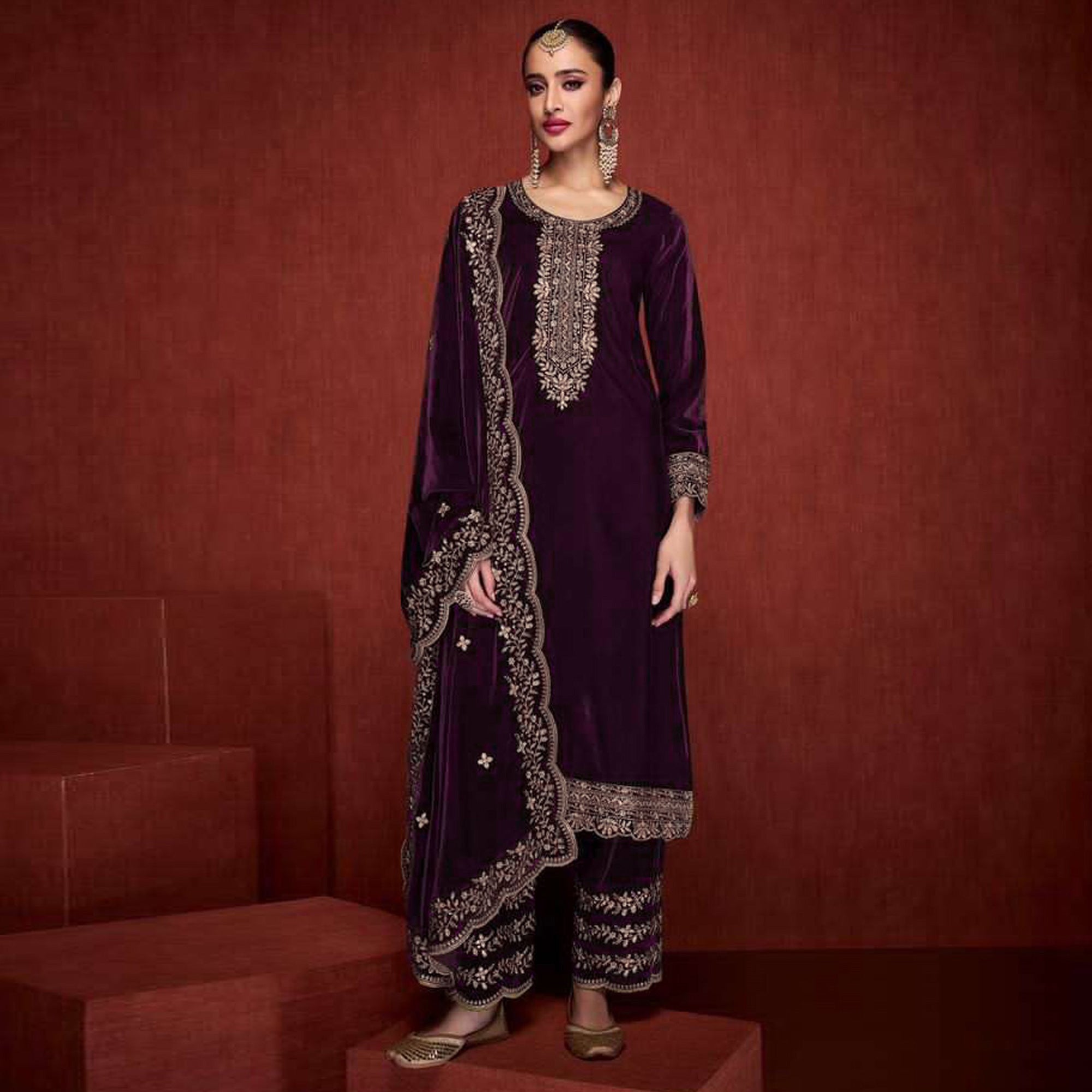 Purple Floral Embroidered Velvet Semi Stitched Suit