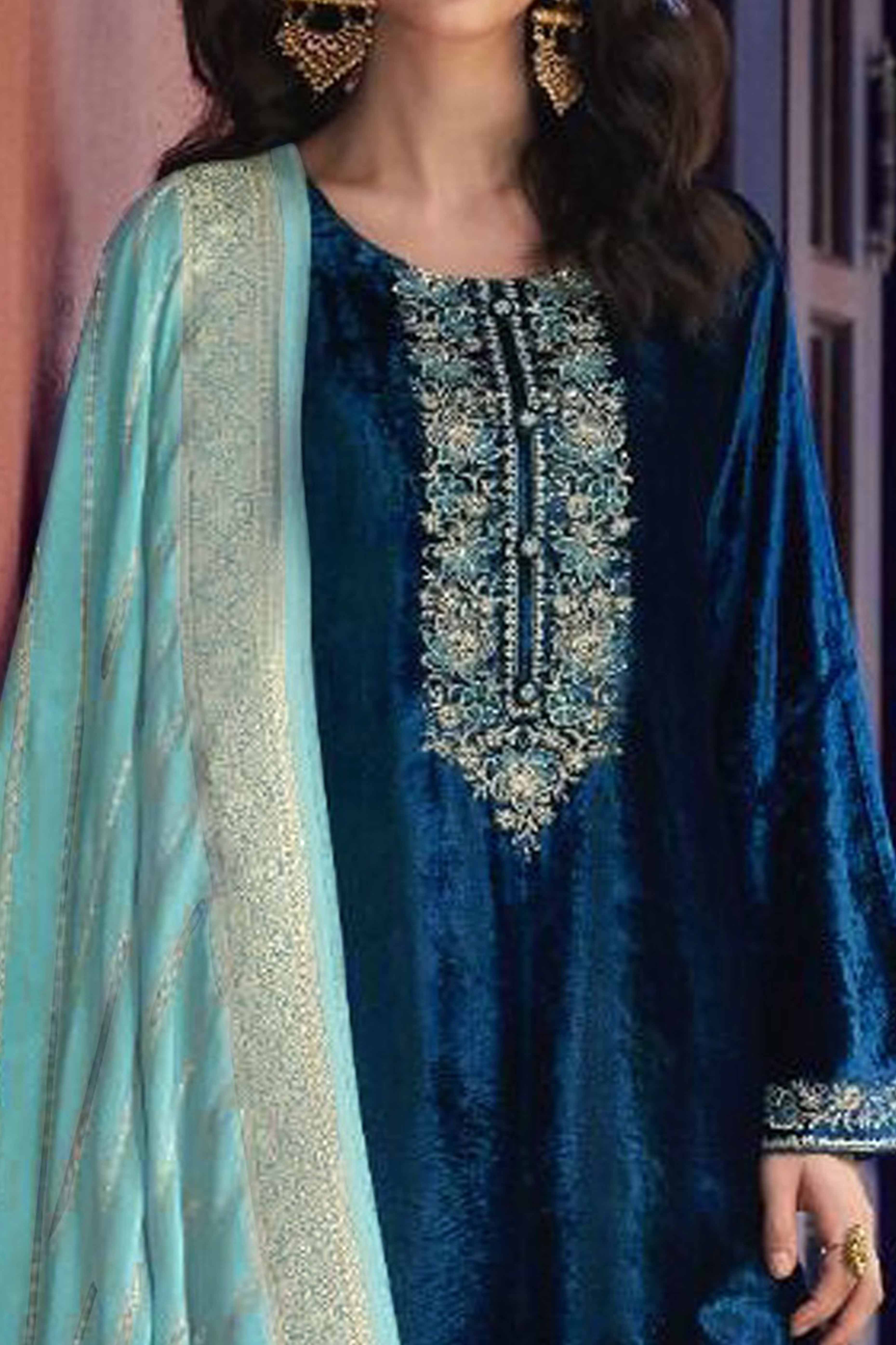 Teal Embroidered Velvet Semi-Stitched Salwar Suit