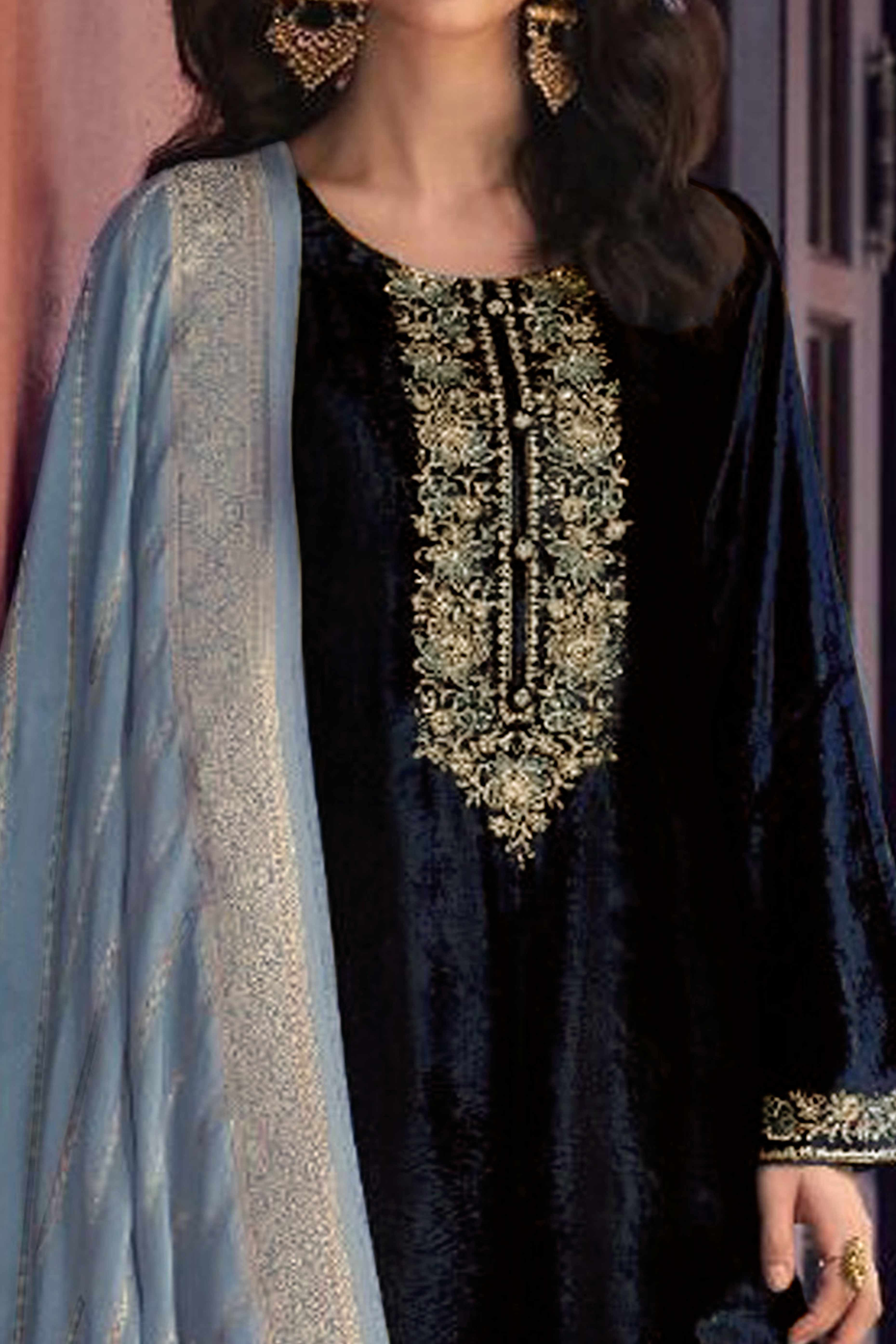 Navy Blue Embroidered Velvet Semi-Stitched Salwar Suit