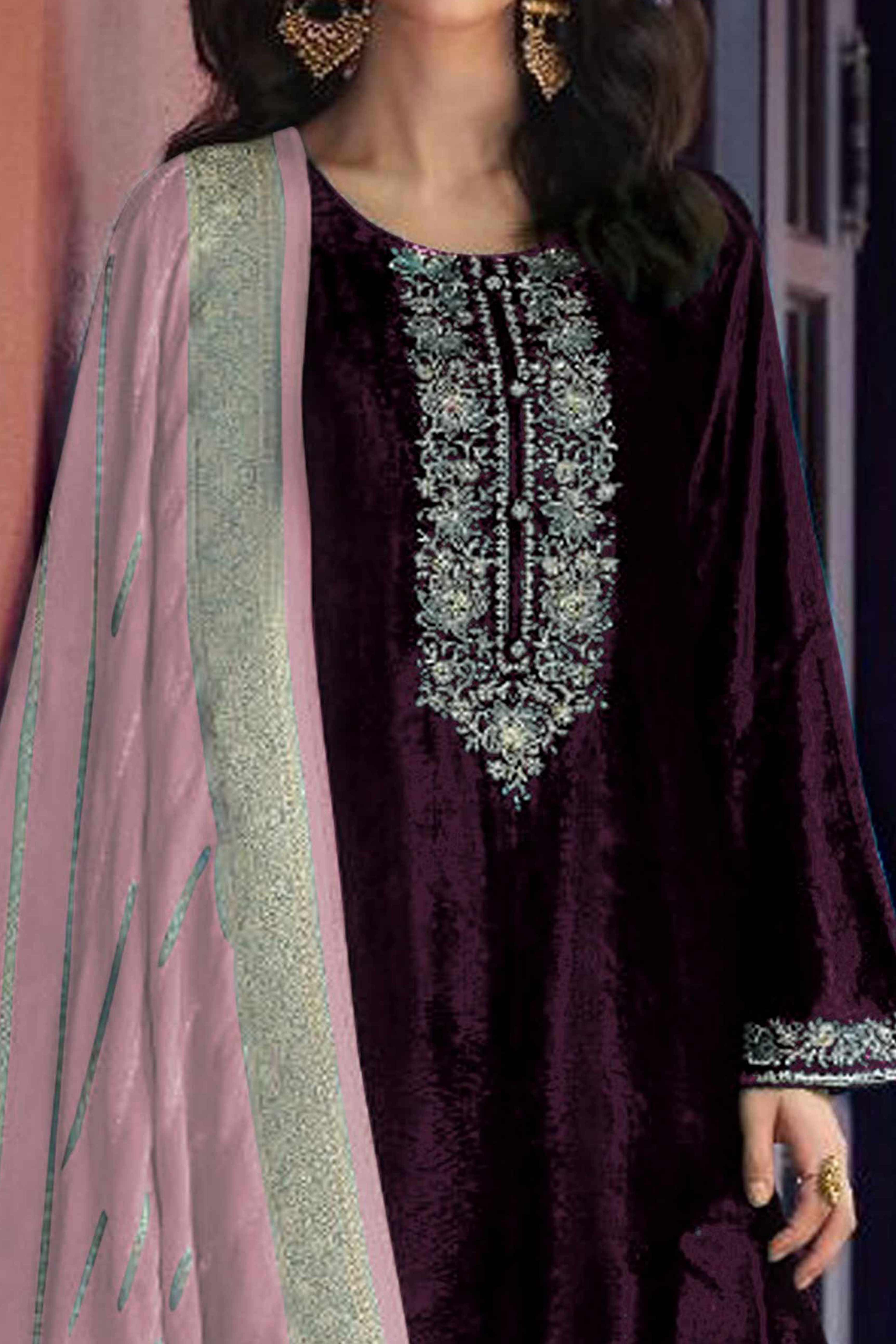 Purple Embroidered Velvet Semi-Stitched Salwar Suit