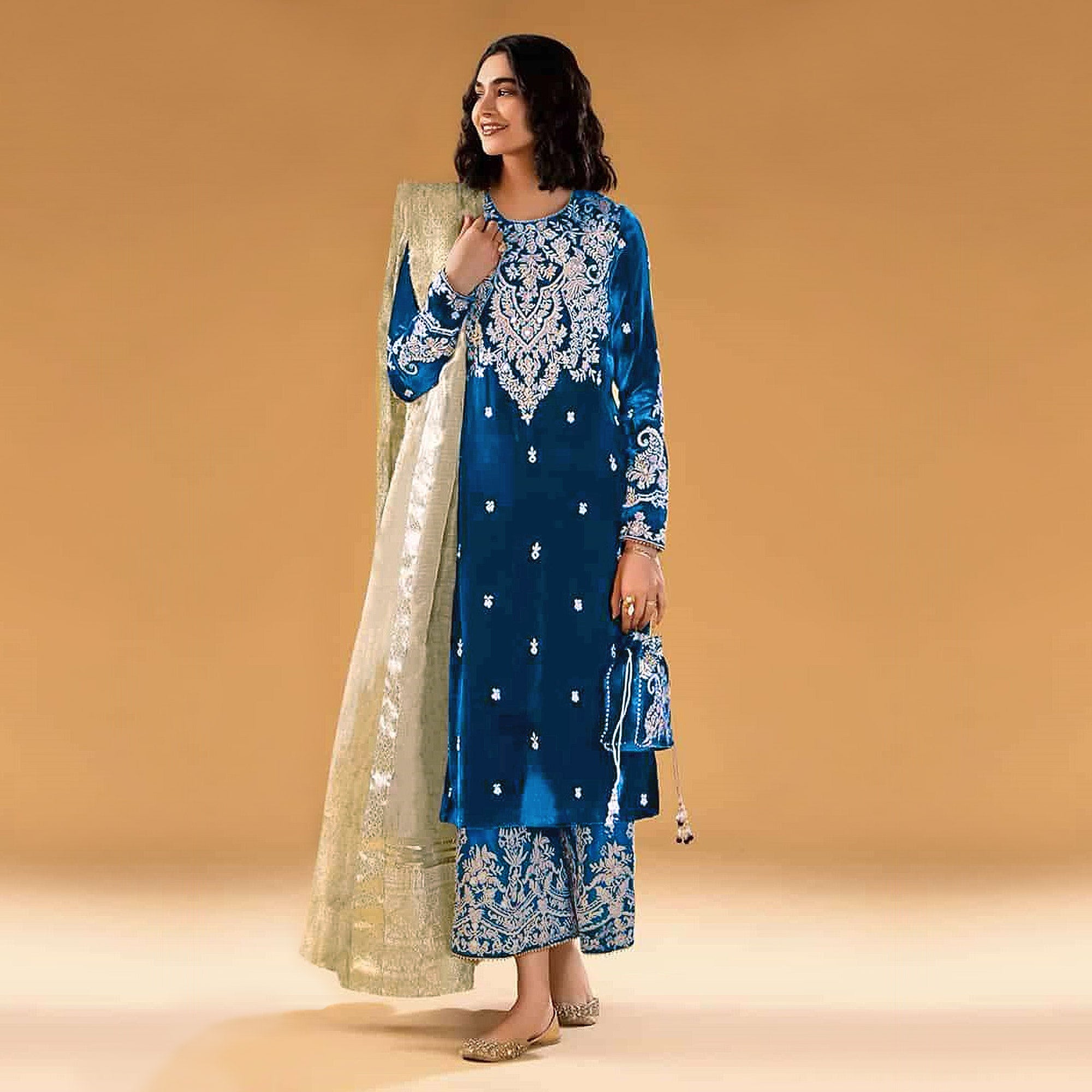 Morpich Floral Embroidered Velvet Semi Stitched Suit