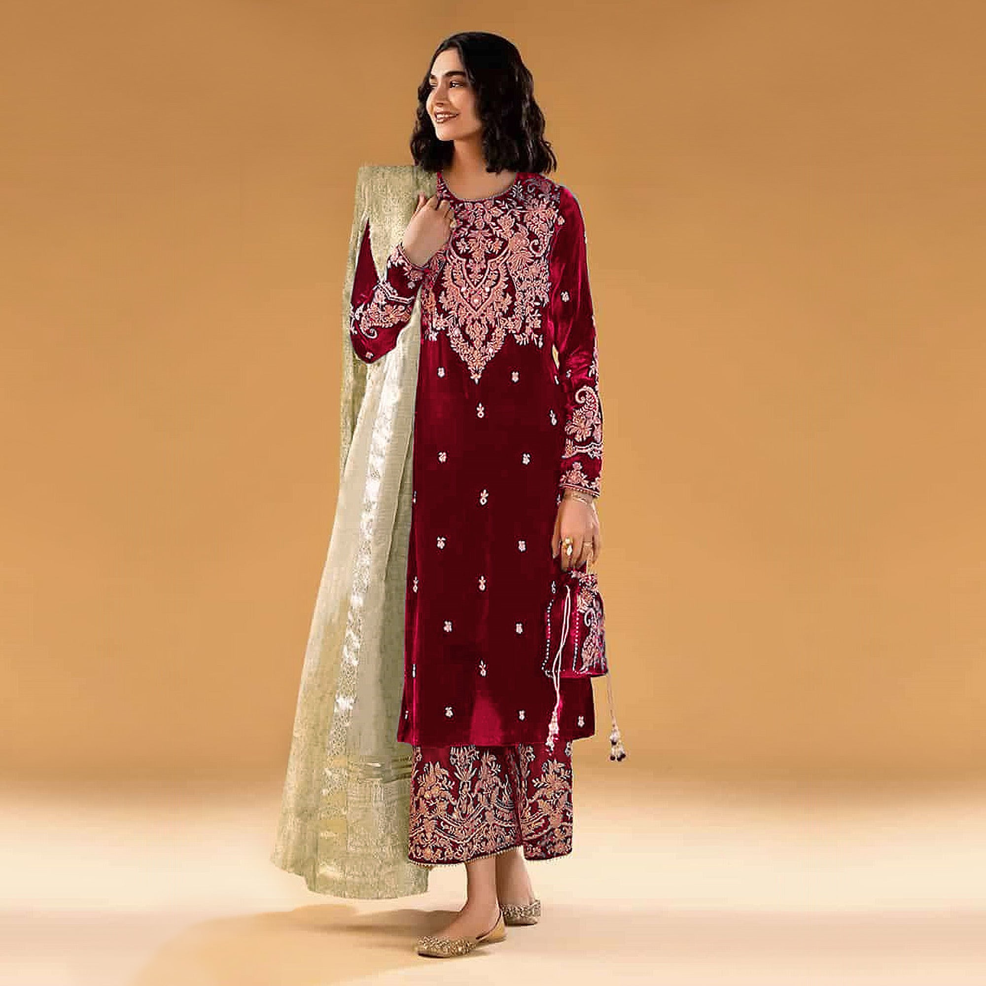 Maroon Floral Embroidered Velvet Semi Stitched Suit