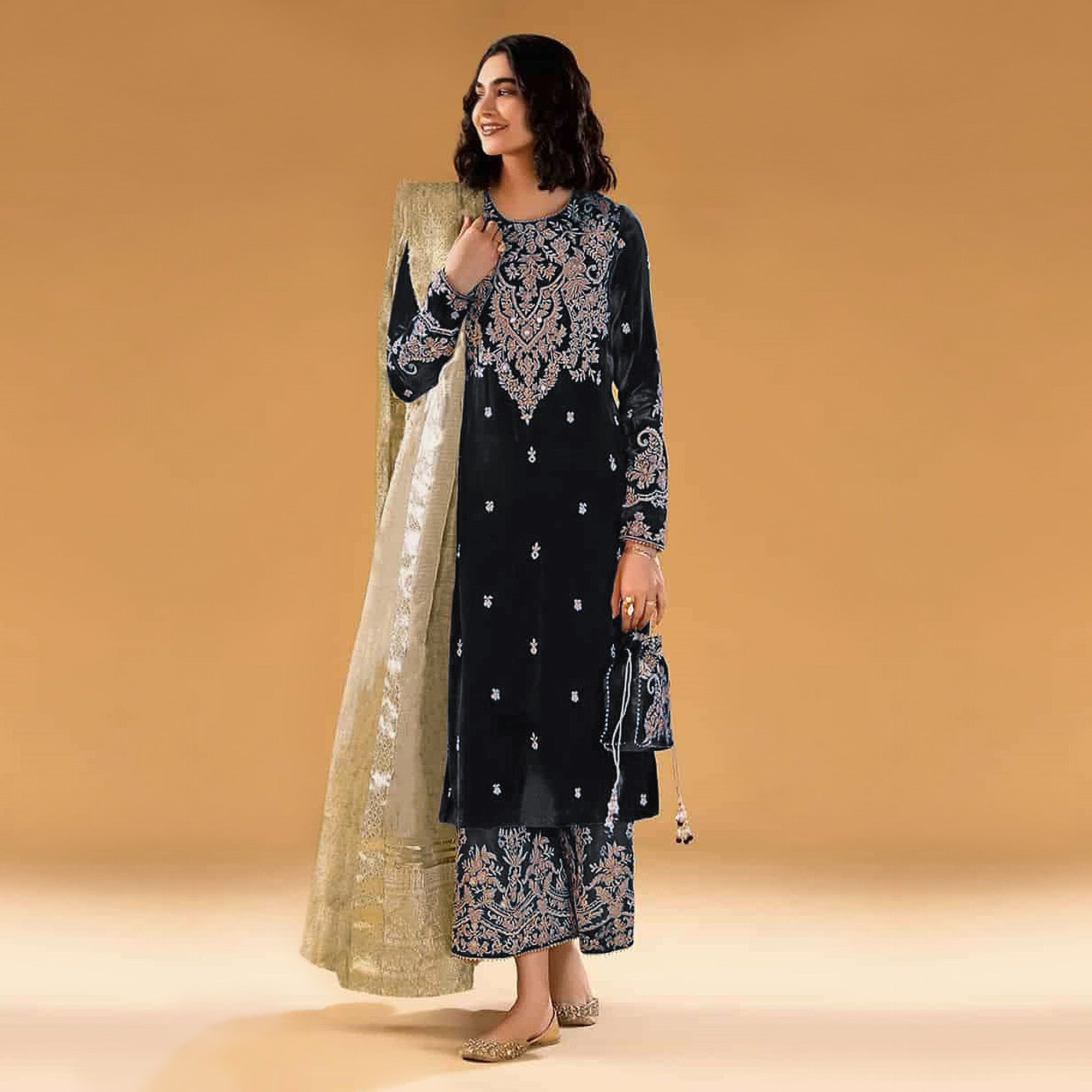 Black Floral Embroidered Velvet Semi Stitched Suit