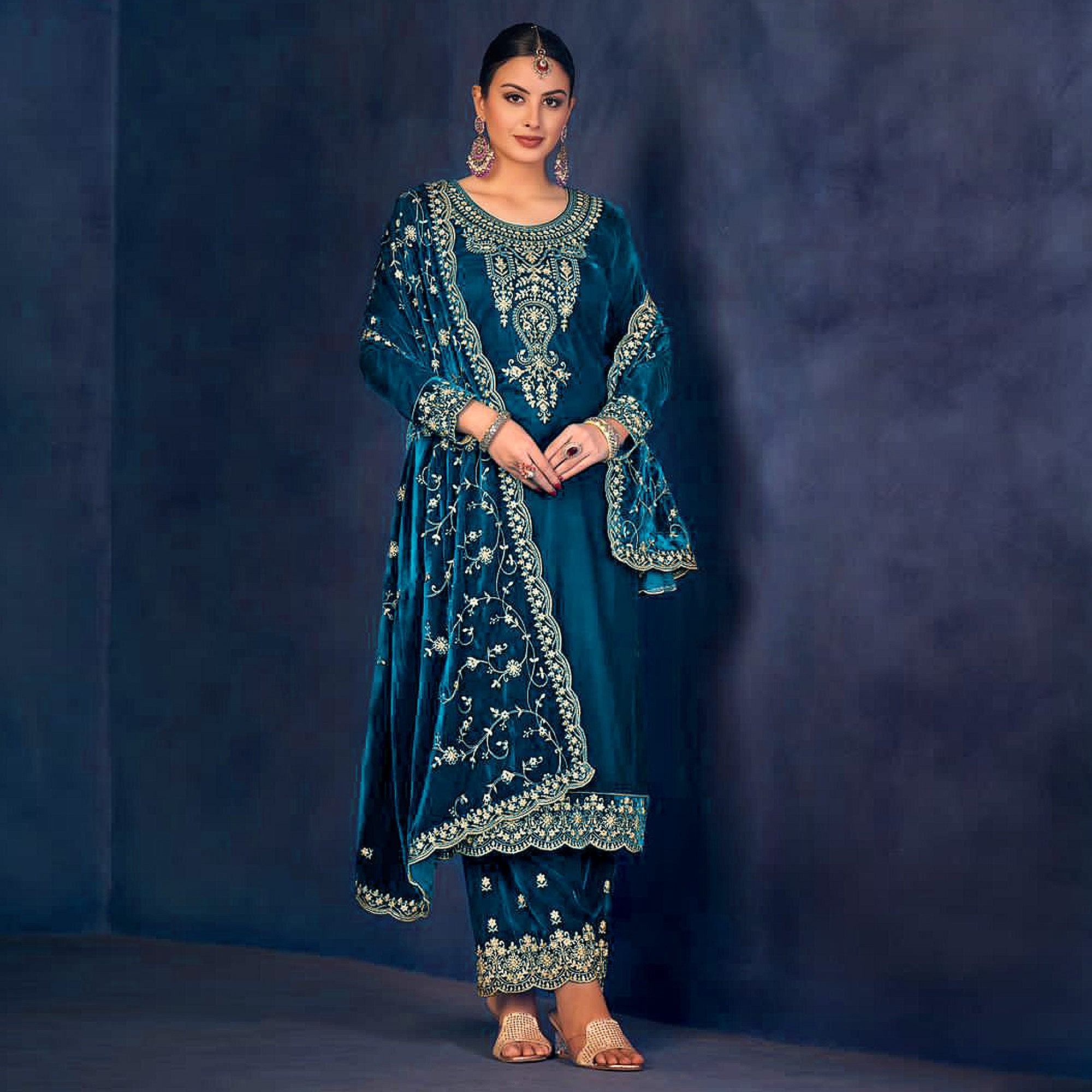 Morpich Floral Sequins Embroidered Velvet Semi Stitched Suit