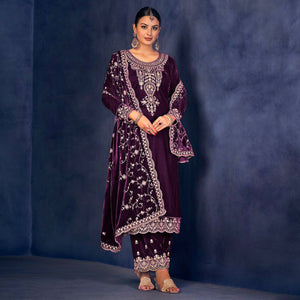 Purple Floral Sequins Embroidered Velvet Semi Stitched Suit