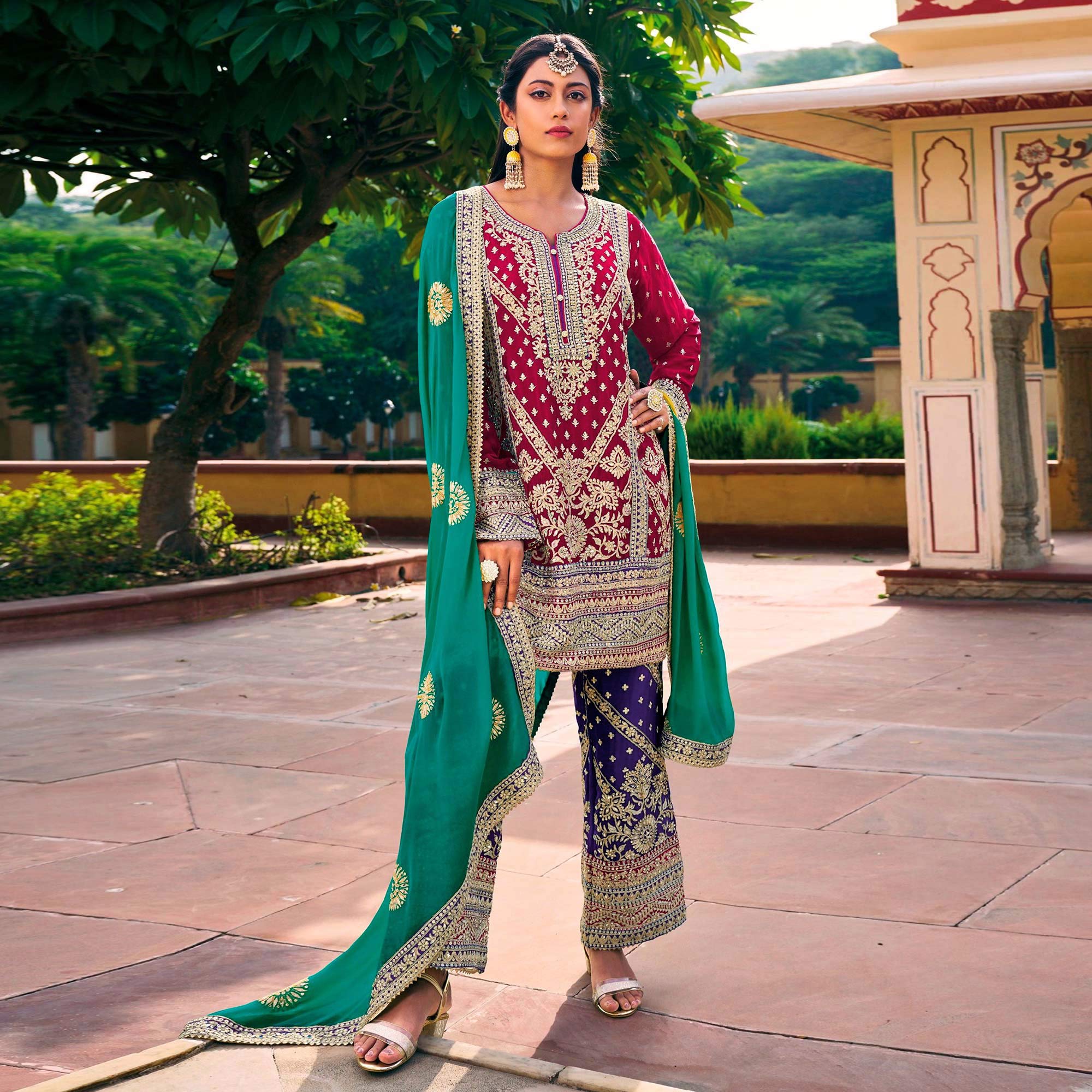 Pink & Purple Sequins Embroidered Chinon Semi Stitched Salwar Suit