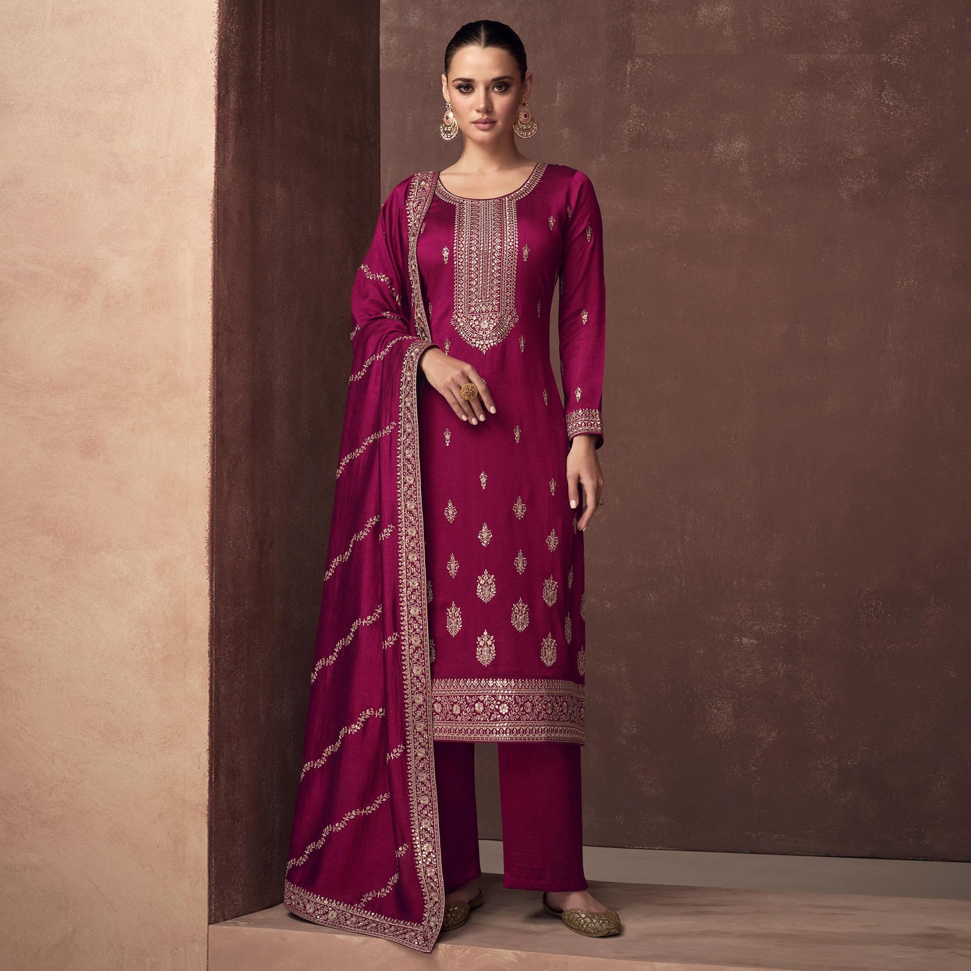 Rani Pink Floral Embroidered Art Silk Semi Stitched Suit