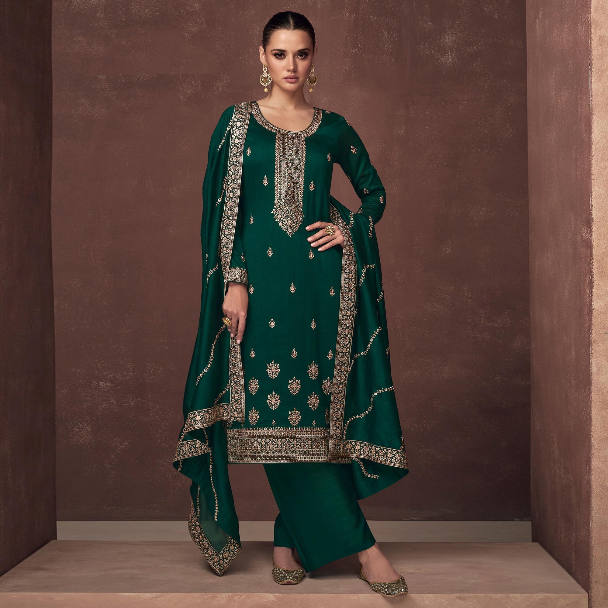 Green Floral Embroidered Art Silk Semi Stitched Suit