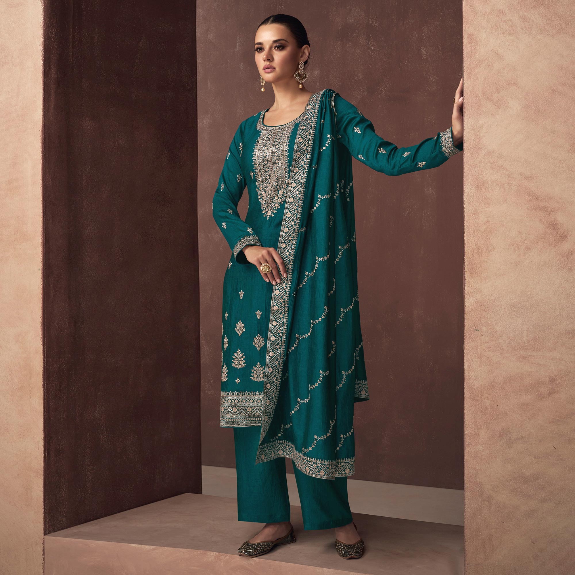 Rama Blue Floral Embroidered Art Silk Semi Stitched Suit