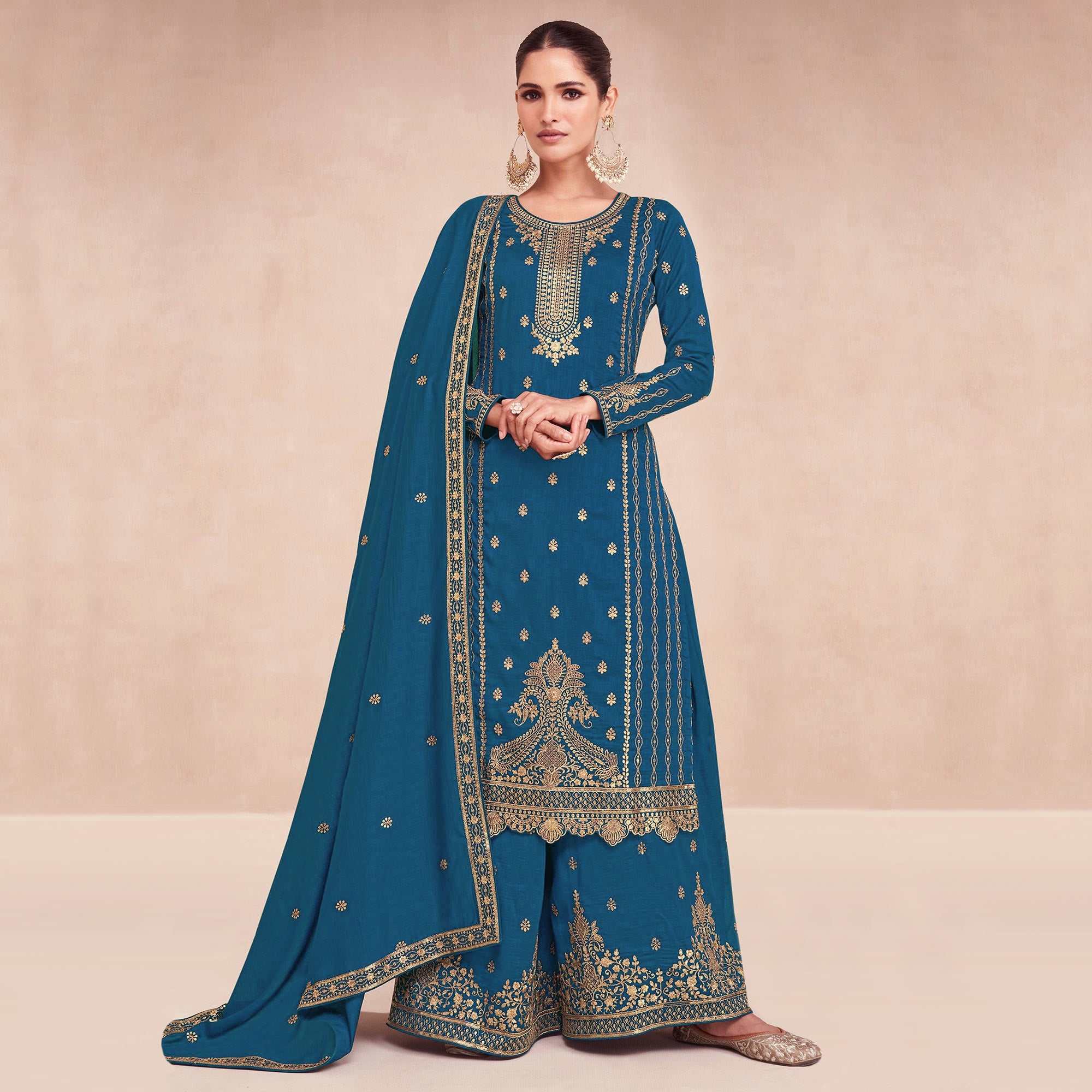 Teal Floral Embroidered Art Silk Semi Stitched Palazzo Suit