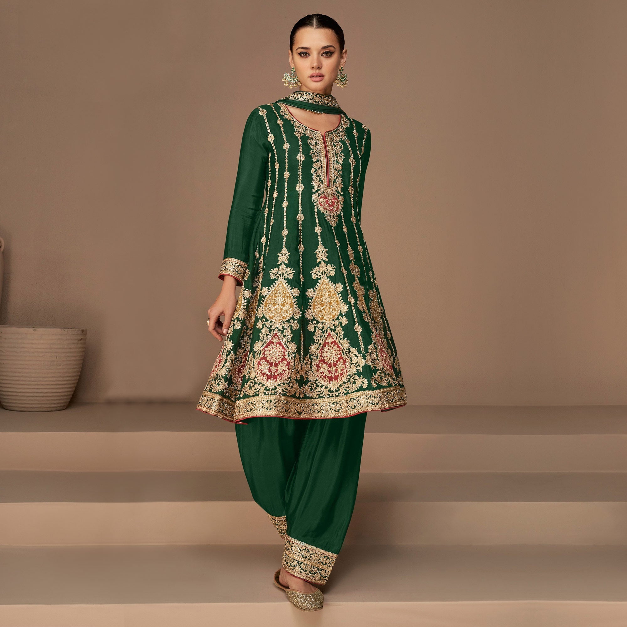 Green Floral Embroidered Georgette Semi Stitched Suit