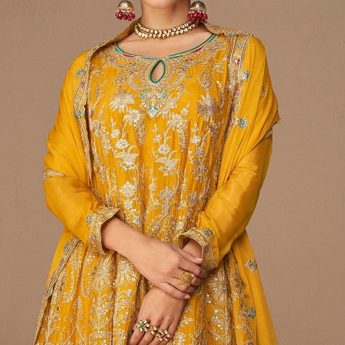 Yellow Floral Embroidered Georgette Semi Stitched Suit