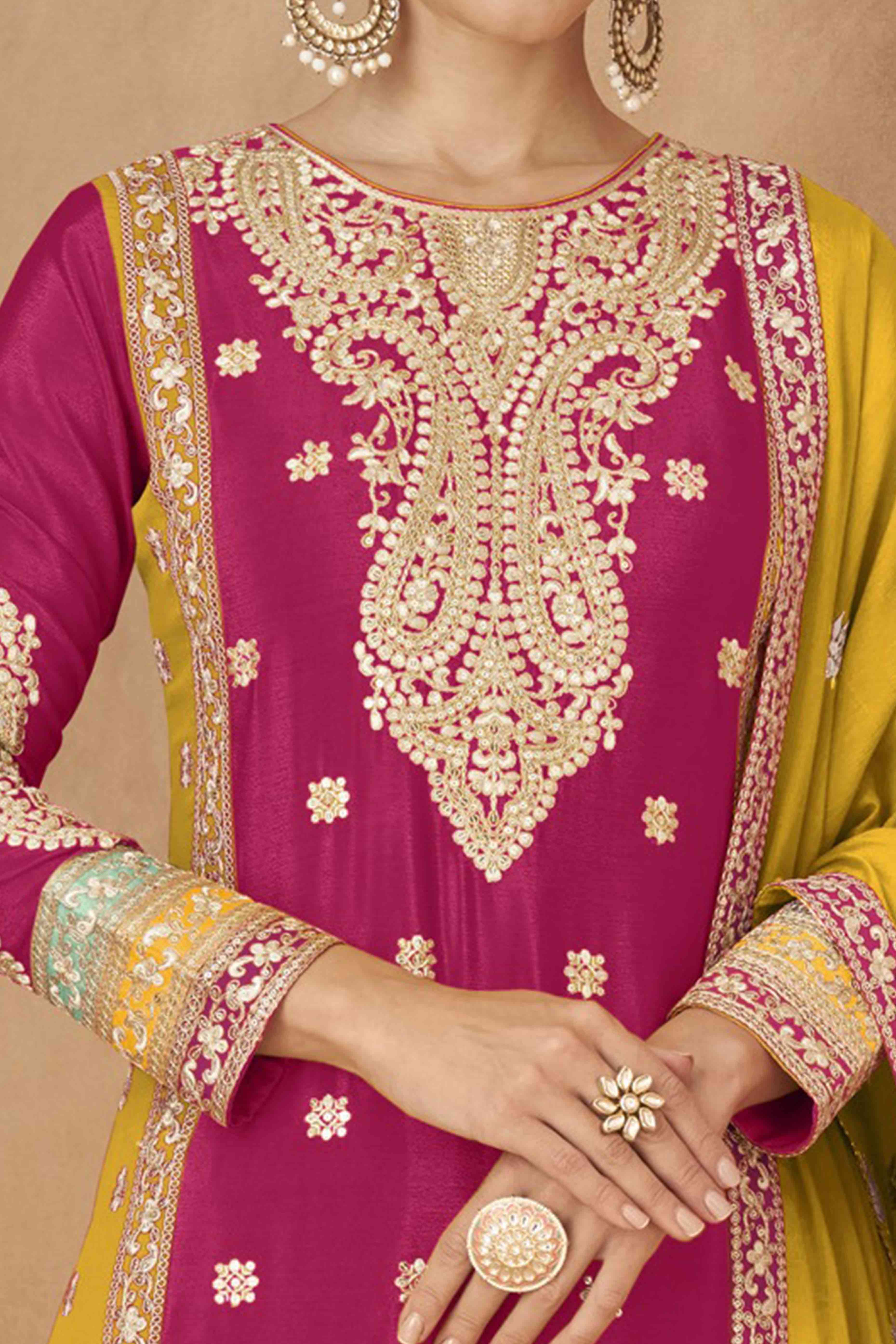 Pink Embroidered Sequins Work Chinon Semi-Stitched Salwar Suit