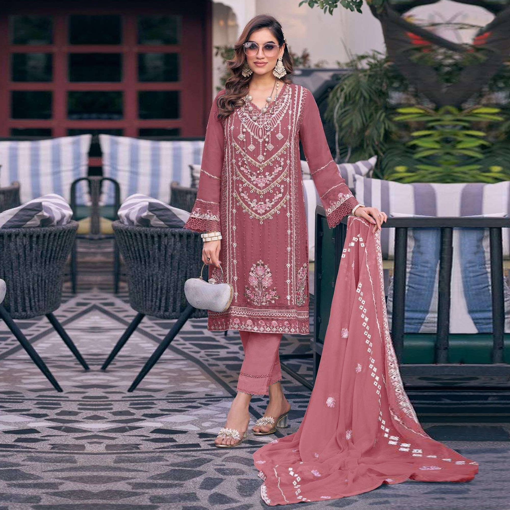 Dusty Pink Embroidered Georgette Semi-Stitched Pakistani Dress Material