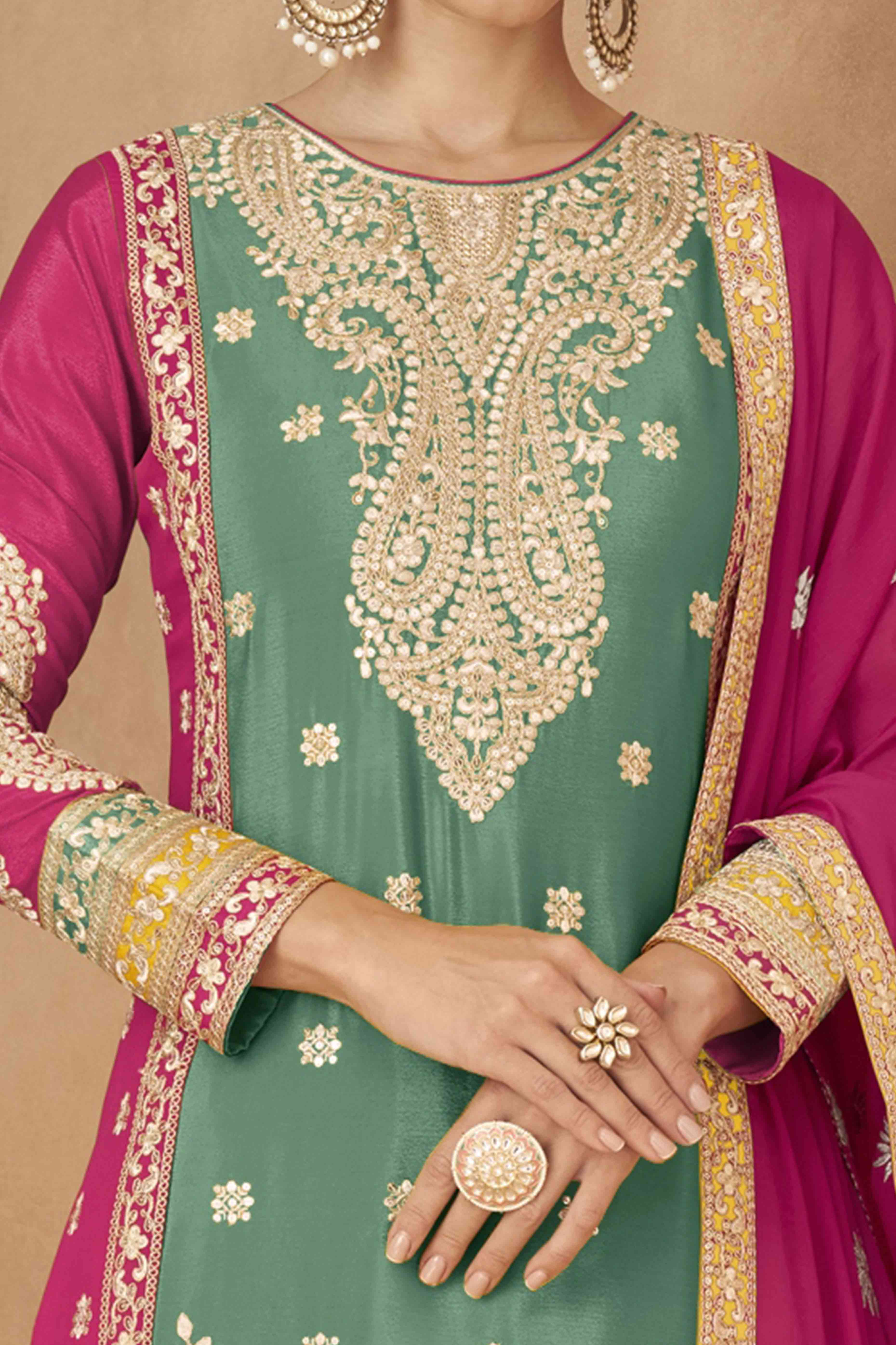 Green Embroidered Sequins Work Chinon Semi-Stitched Salwar Suit