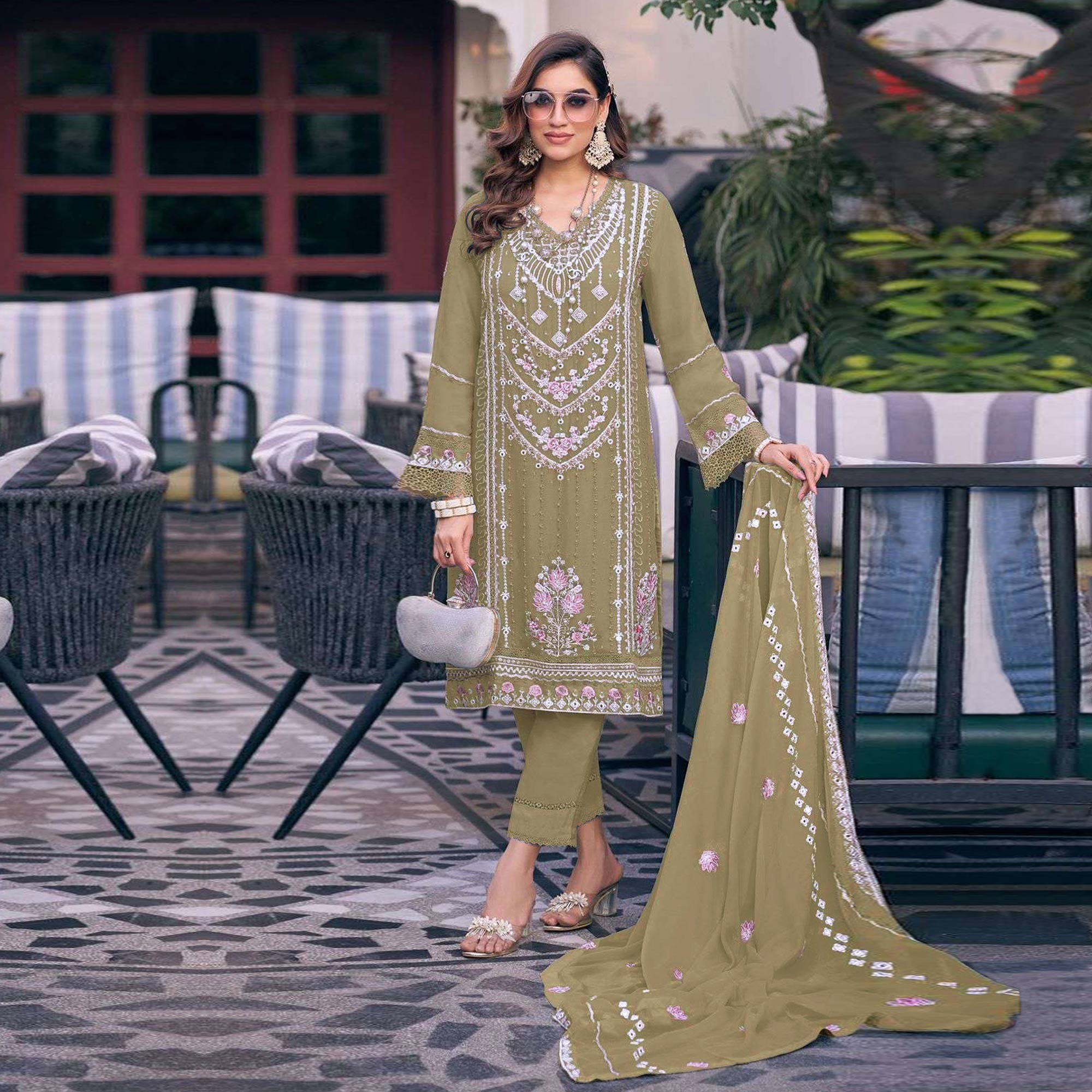 Olive Embroidered Georgette Semi-Stitched Pakistani Dress Material