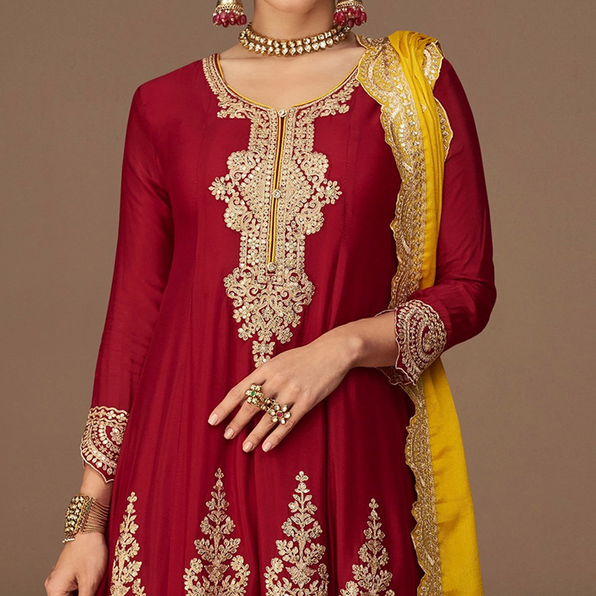 Maroon & Purple Floral Embroidered Georgette Semi Stitched Suit