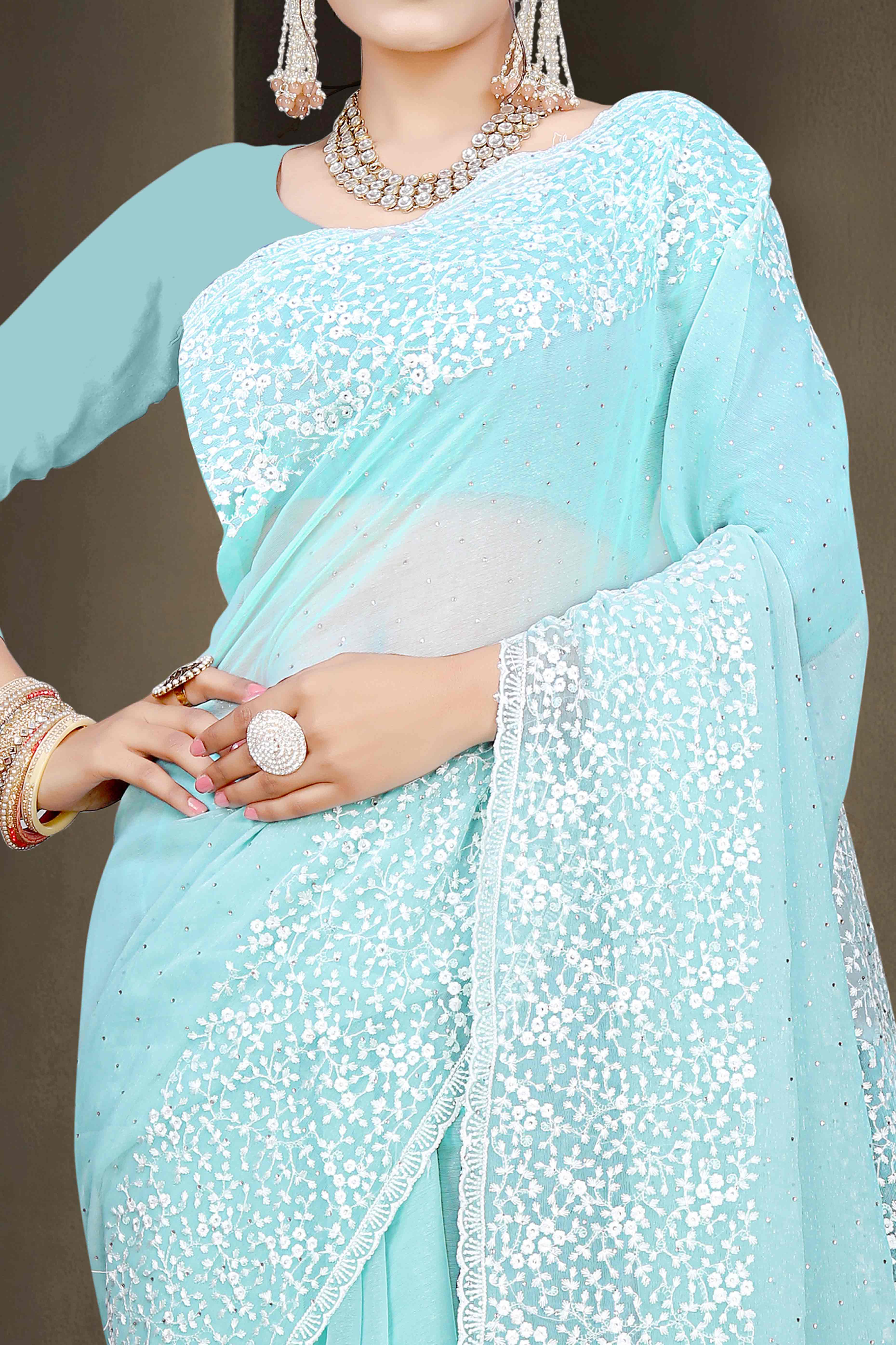 Blue Floral Embroidery With Stonework Chiffon Shimmer Saree