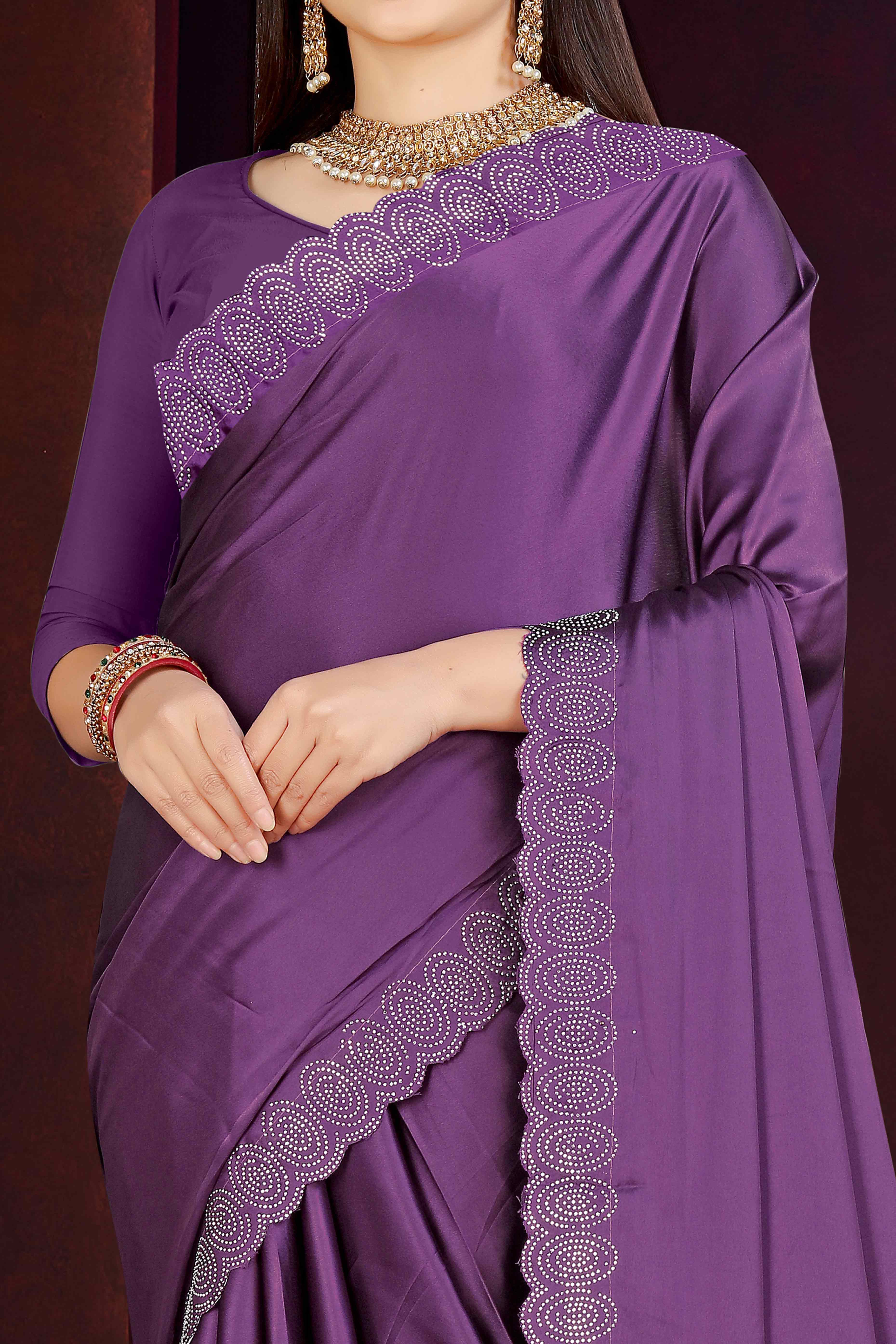 Purple Solid With Swarovski Work Satin Saree