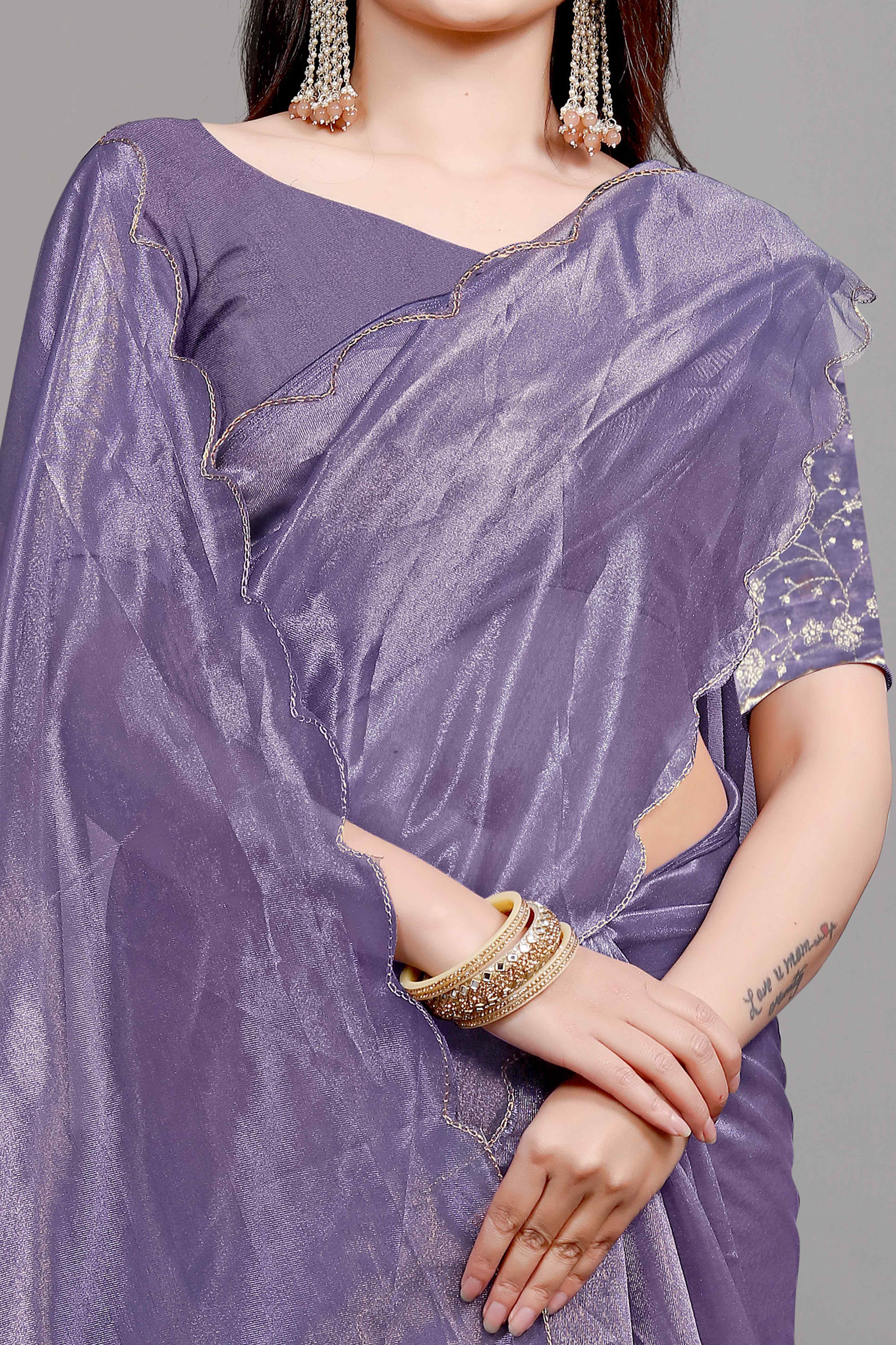 Lavender Solid Net Saree With Zari Border