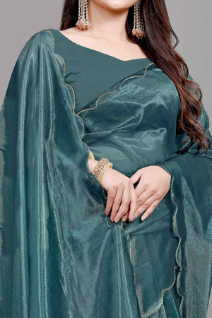 Teal Solid Net Saree With Zari Border