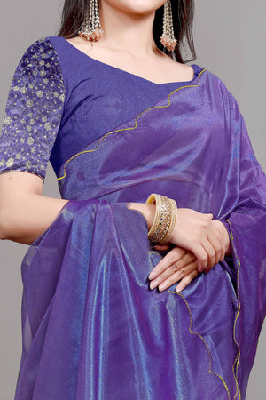 Purple Solid Net Saree With Zari Border