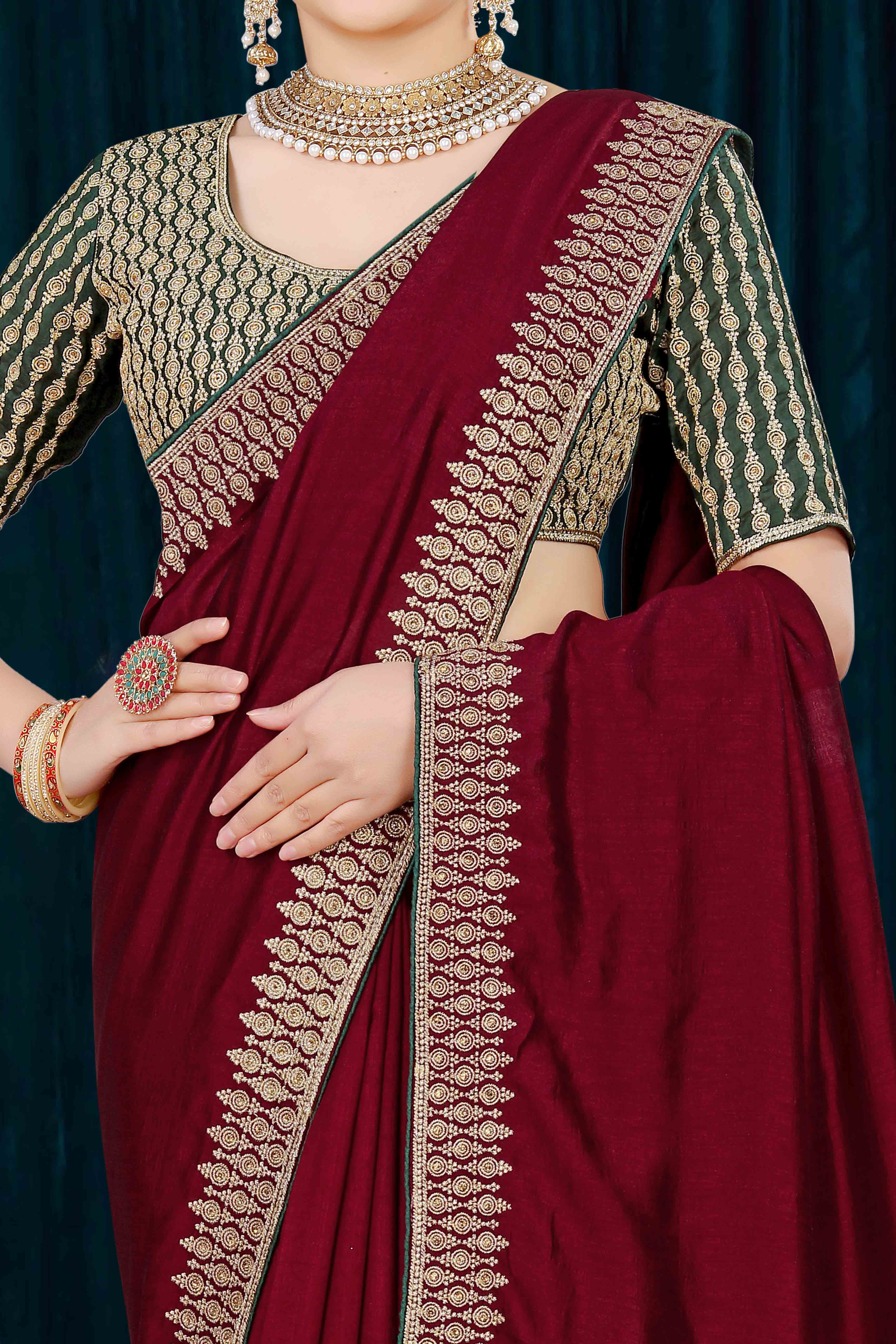 Maroon Solid With Zari Embroidered Vichitra Silk Saree