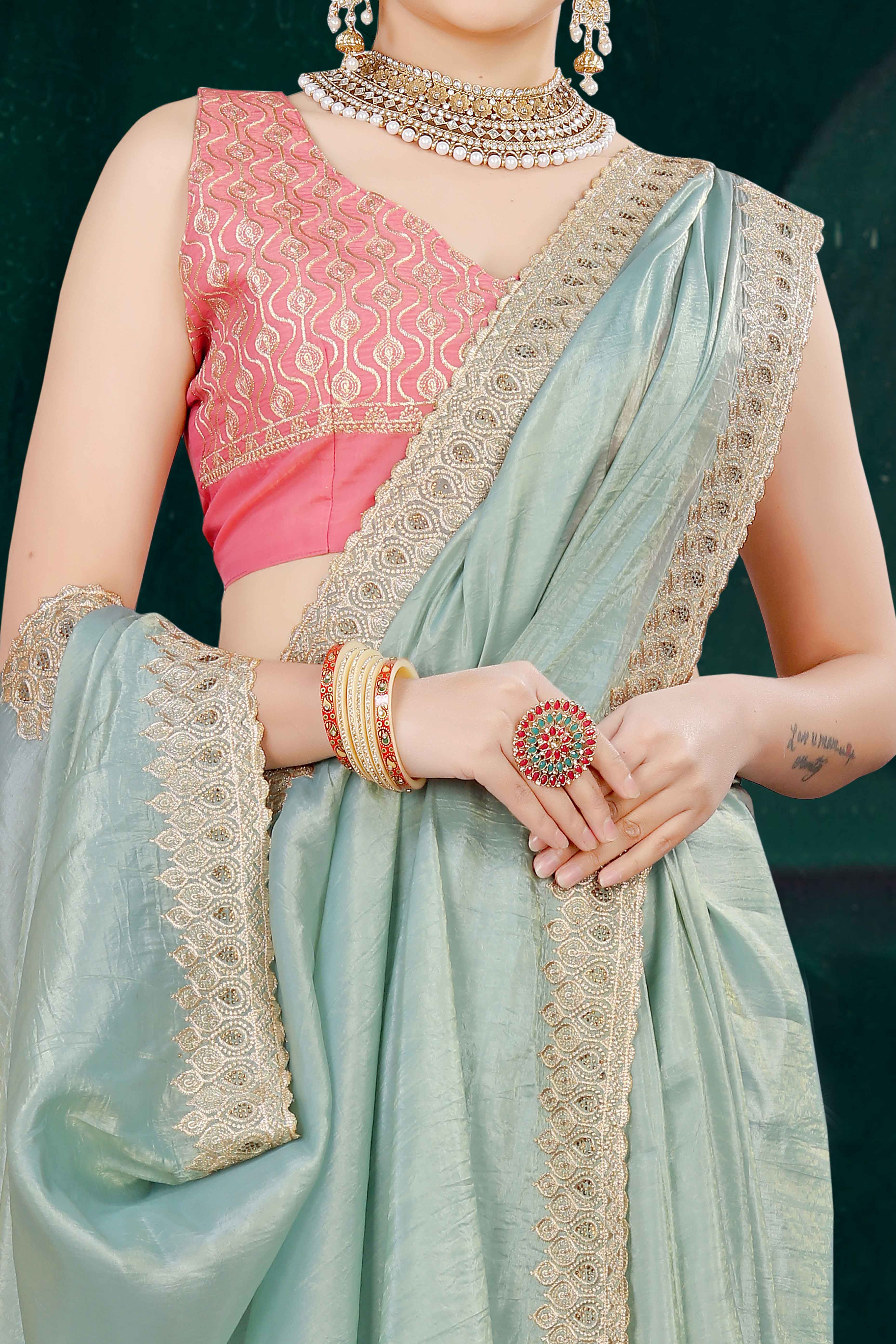 Blue Solid With Swarovski Work Tissue Gold Crush Saree