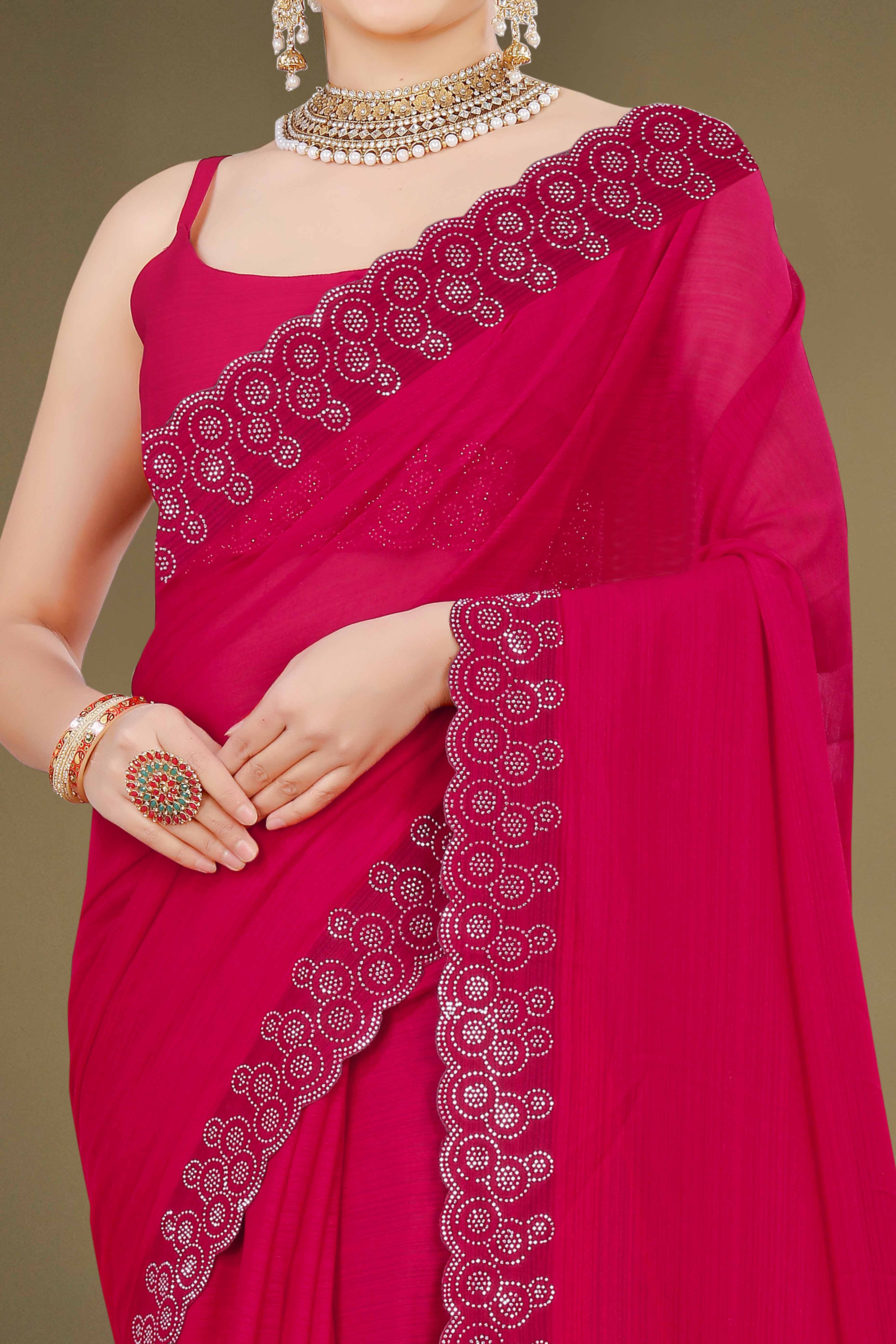 Rani Pink Solid With Swarovski Work Chiffon Saree