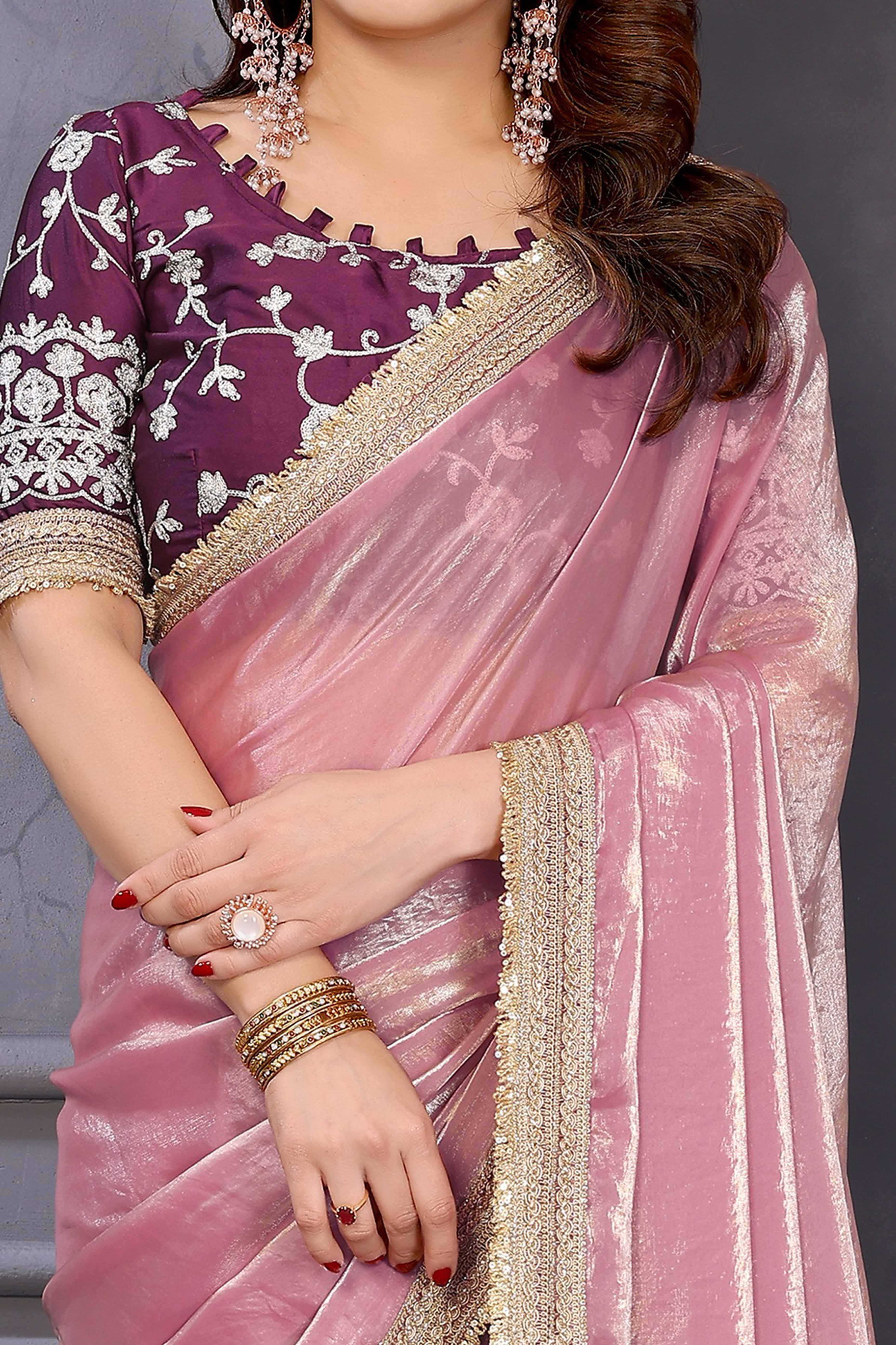 Pink Satin Saree with Solid Finish and Stylish Lace Embellished Border – Feminine and Festive