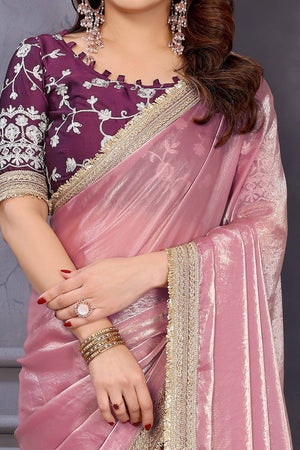 Pink Satin Saree with Solid Finish and Stylish Lace Embellished Border – Feminine and Festive