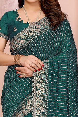 Morpich Green Vichitra Silk Saree with Heavy Embroidery and Sparkling Swarovski Work